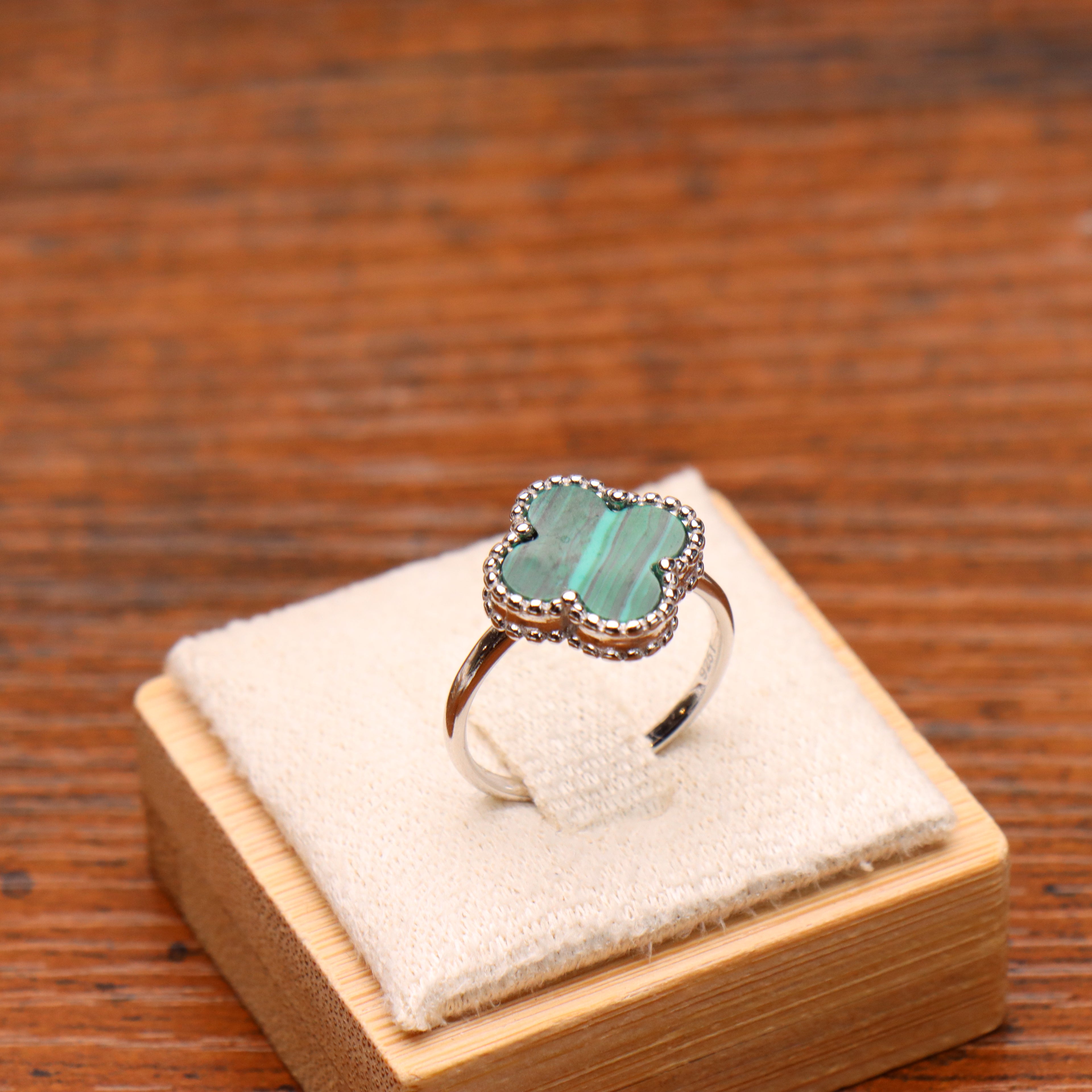 Clover Ring 925 Sterling Silver Green Malachite 13mm