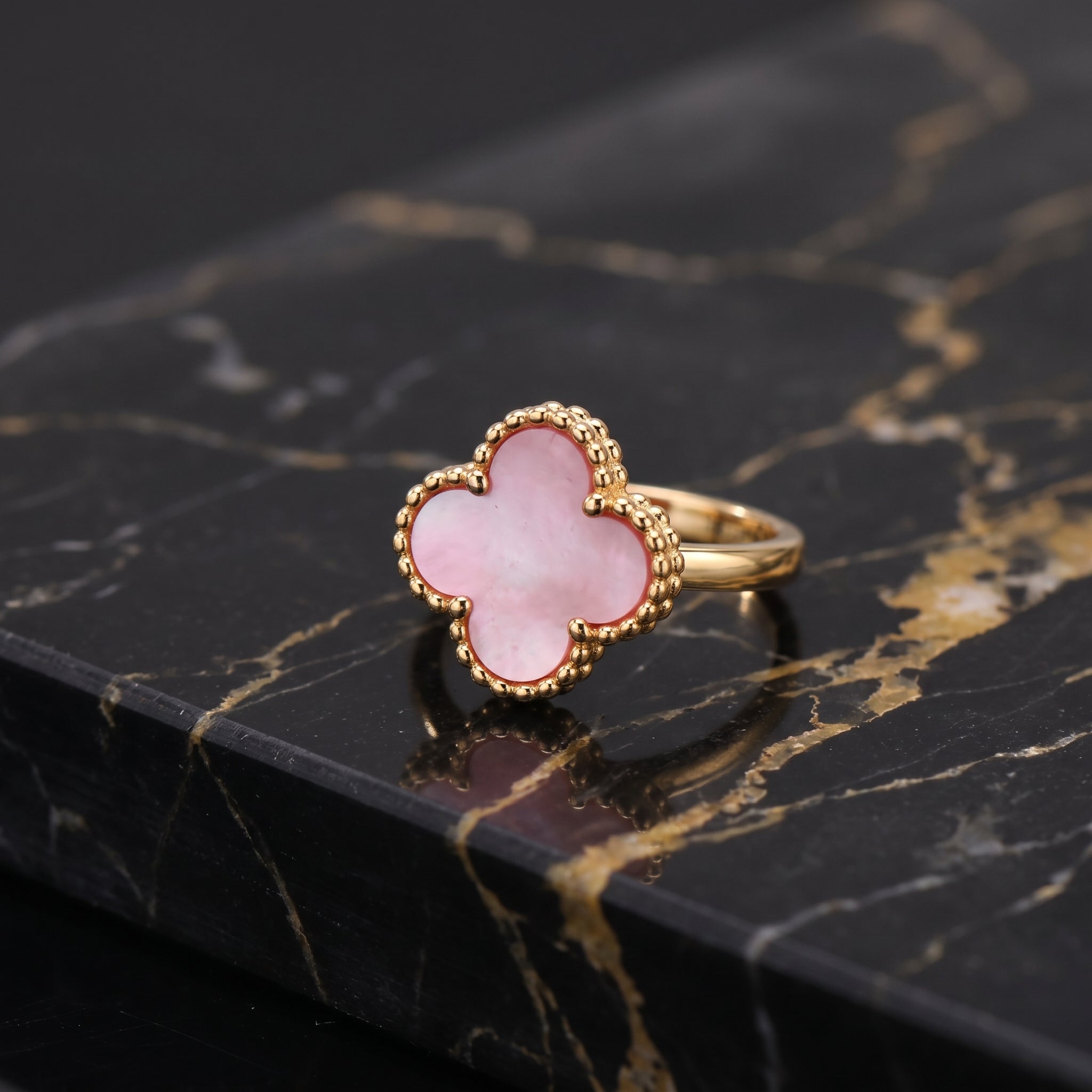 Clover Ring Pink Mother Of Pearl 14k Gold Over 925 Sterling Silver 13mm