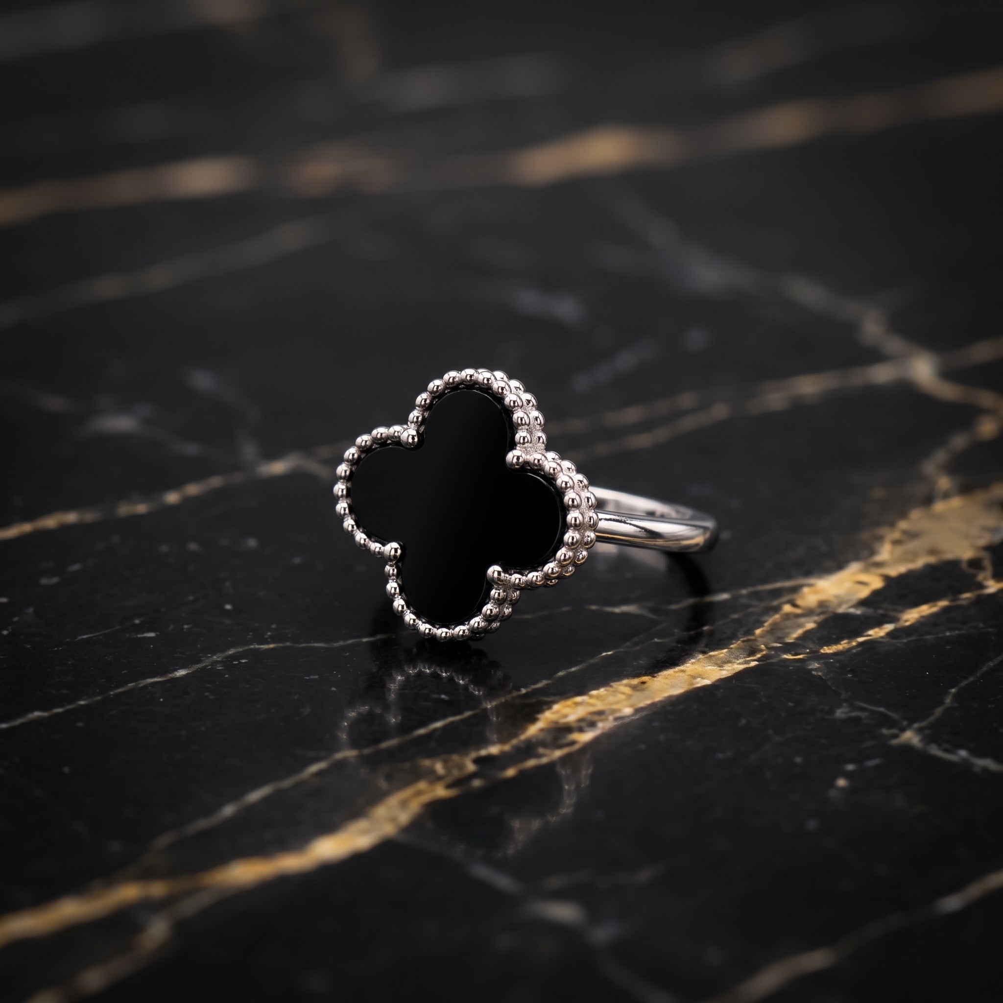 Clover Ring 925 Sterling Silver Black Onyx 13mm