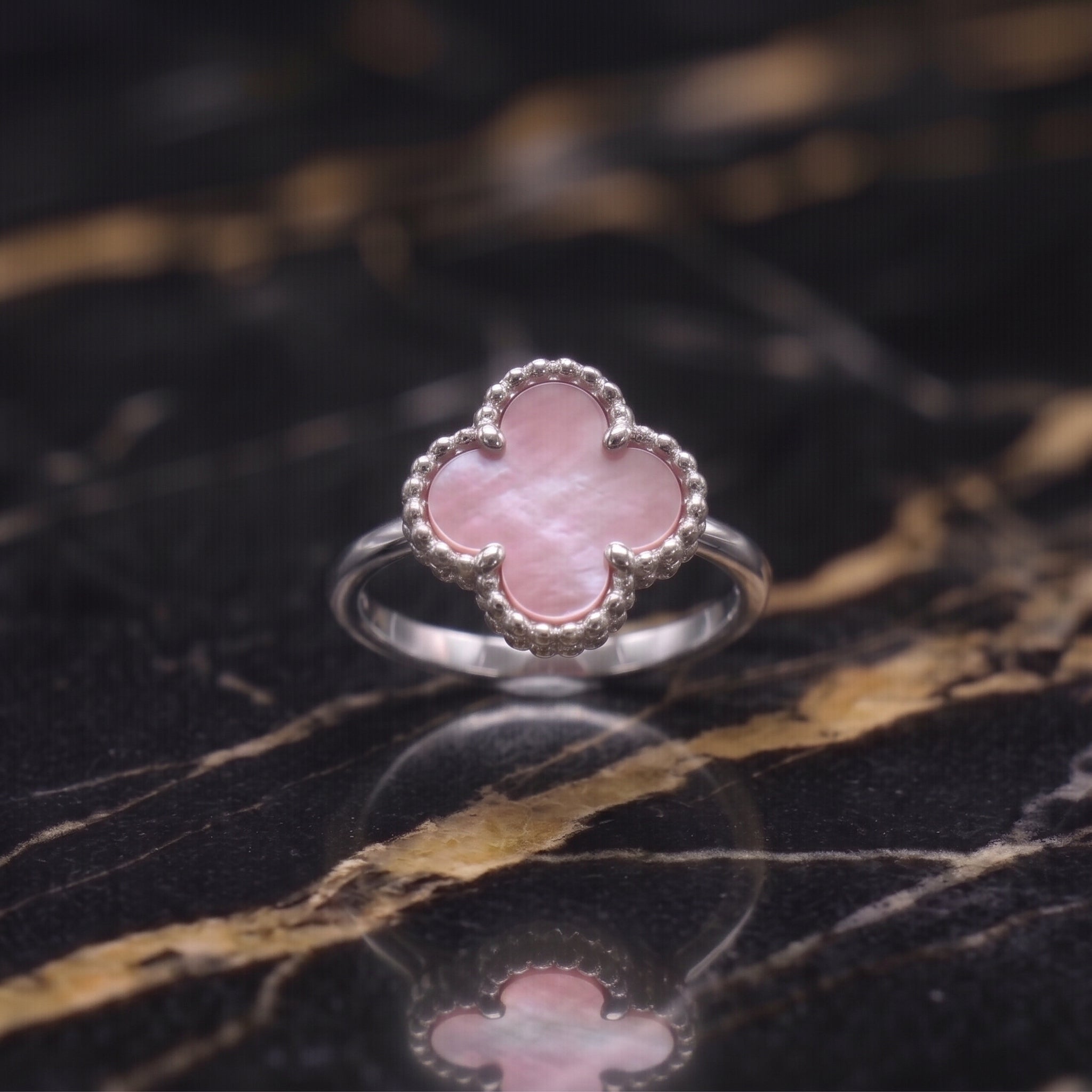 Clover Ring 925 Sterling Silver Pink Mother Of Pearl 13mm