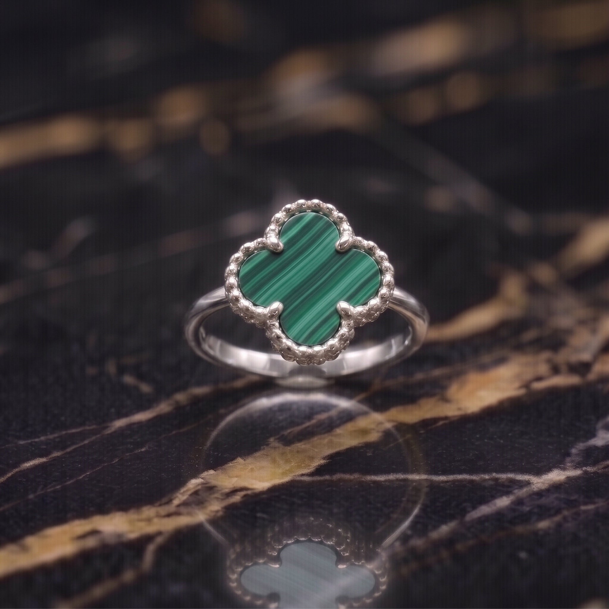 Clover Ring 925 Sterling Silver Green Malachite 13mm