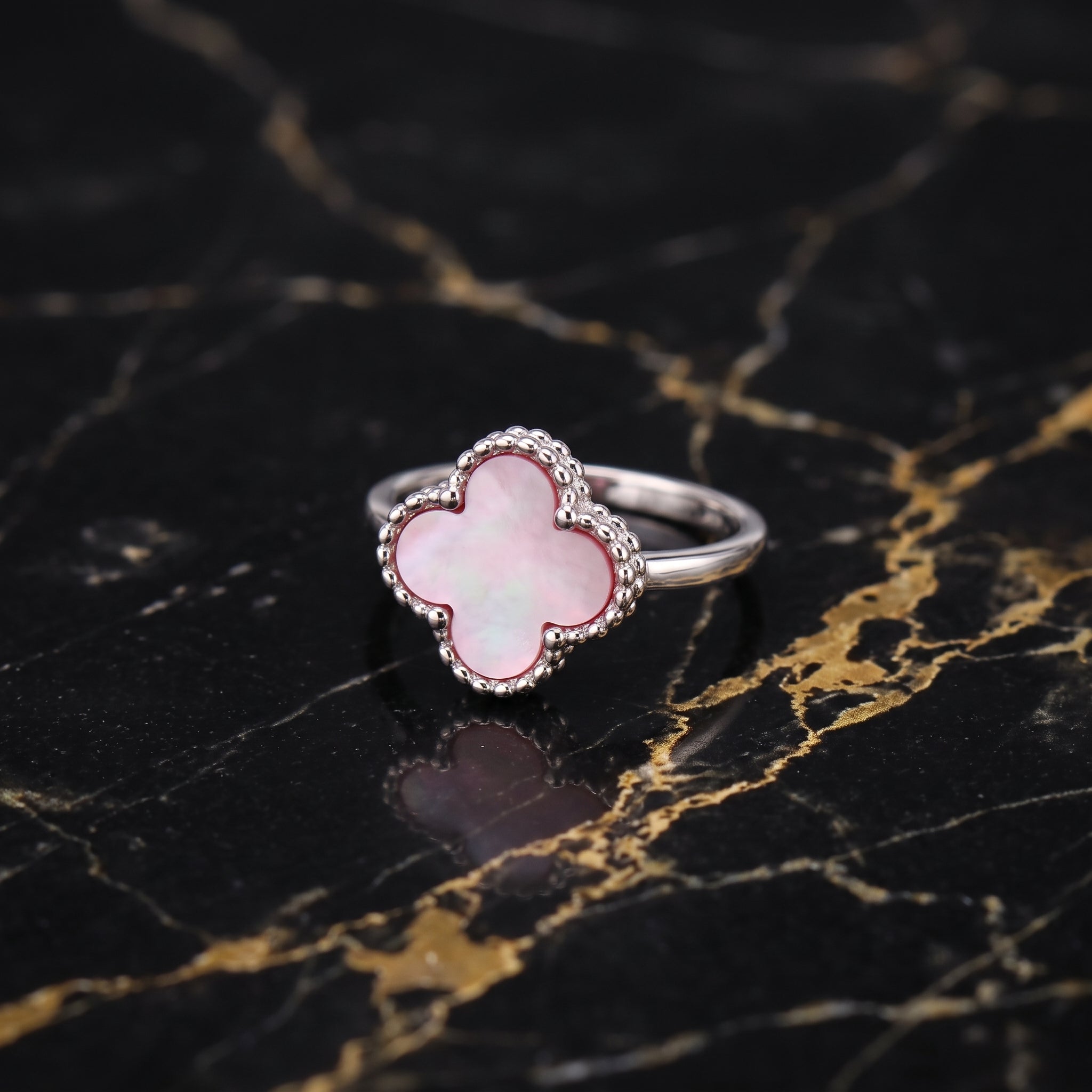 Clover Ring 925 Sterling Silver Pink Mother Of Pearl 13mm