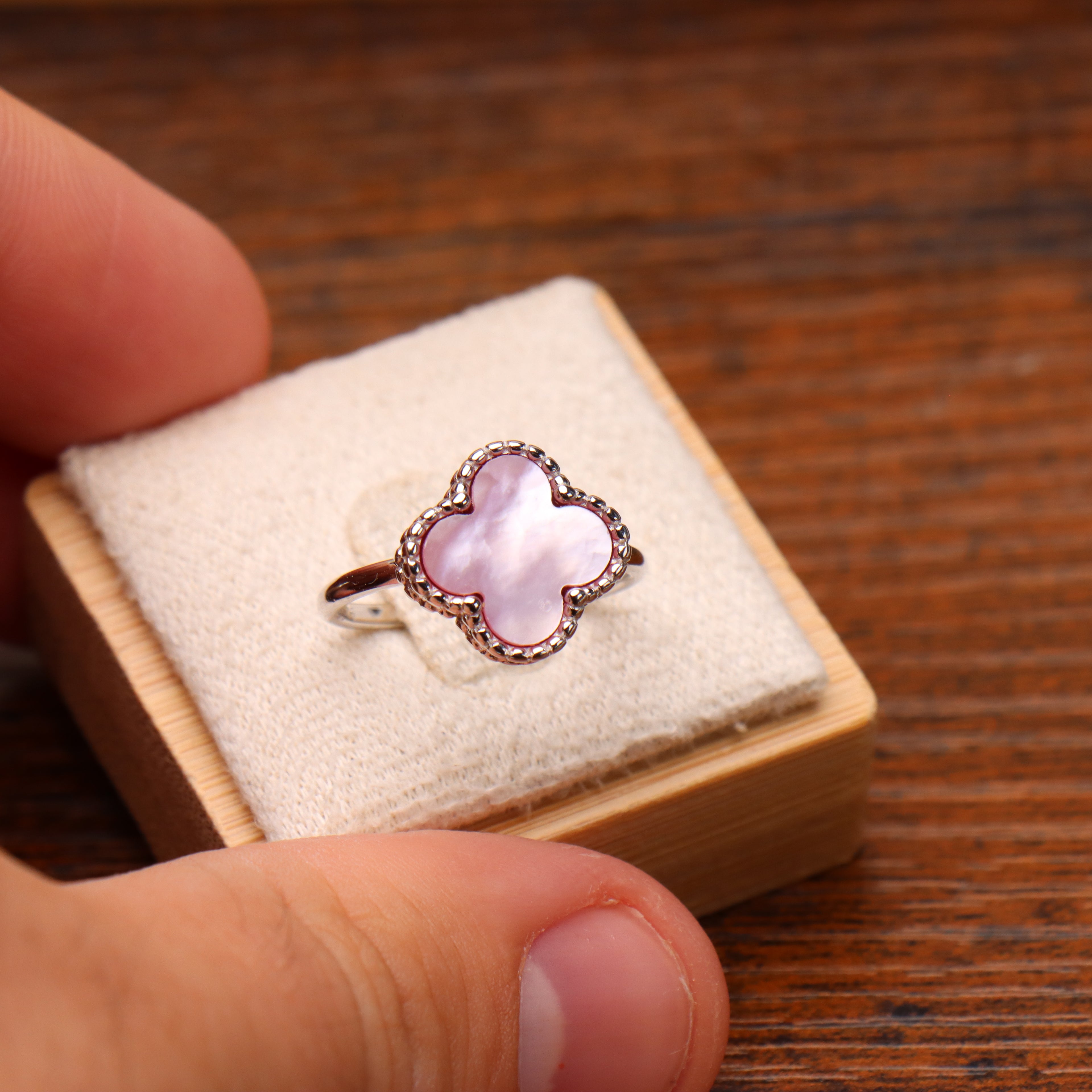 Clover Ring 925 Sterling Silver Pink Mother Of Pearl 13mm