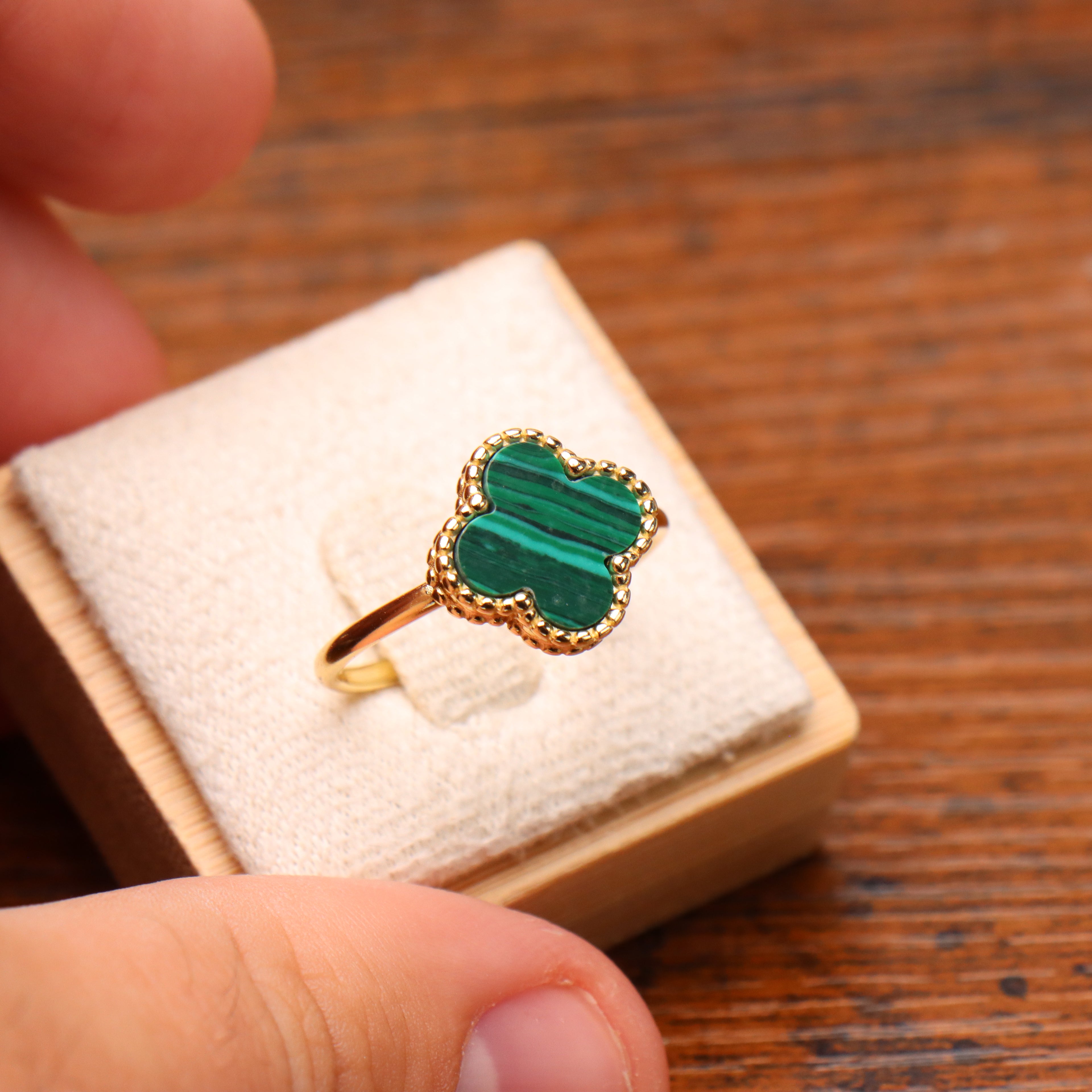 Clover Ring 14k Gold Over 925 Sterling Silver Green Malachite 13mm