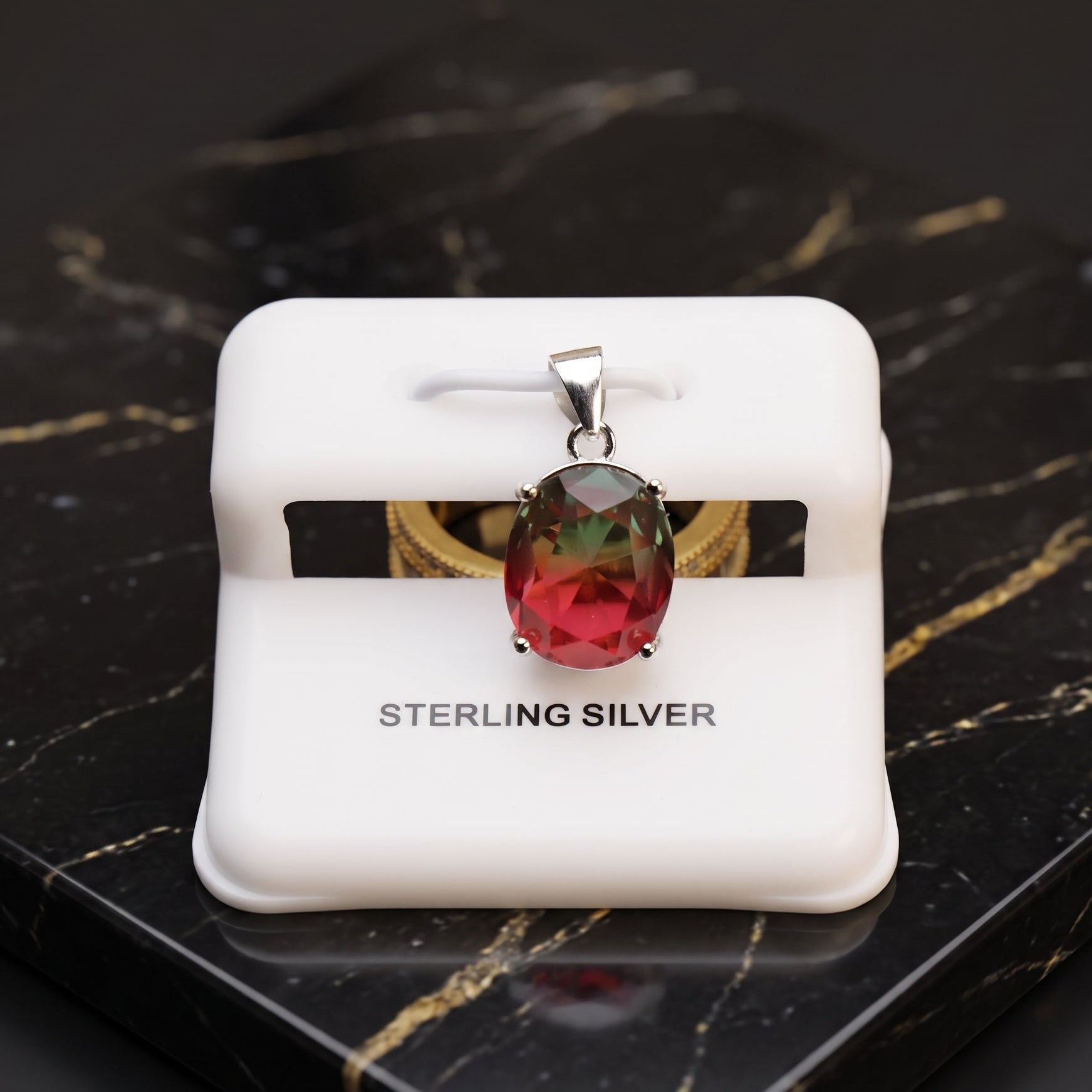 Watermelon oval semi precious natural pendant in 925 sterling silver 12x10mm