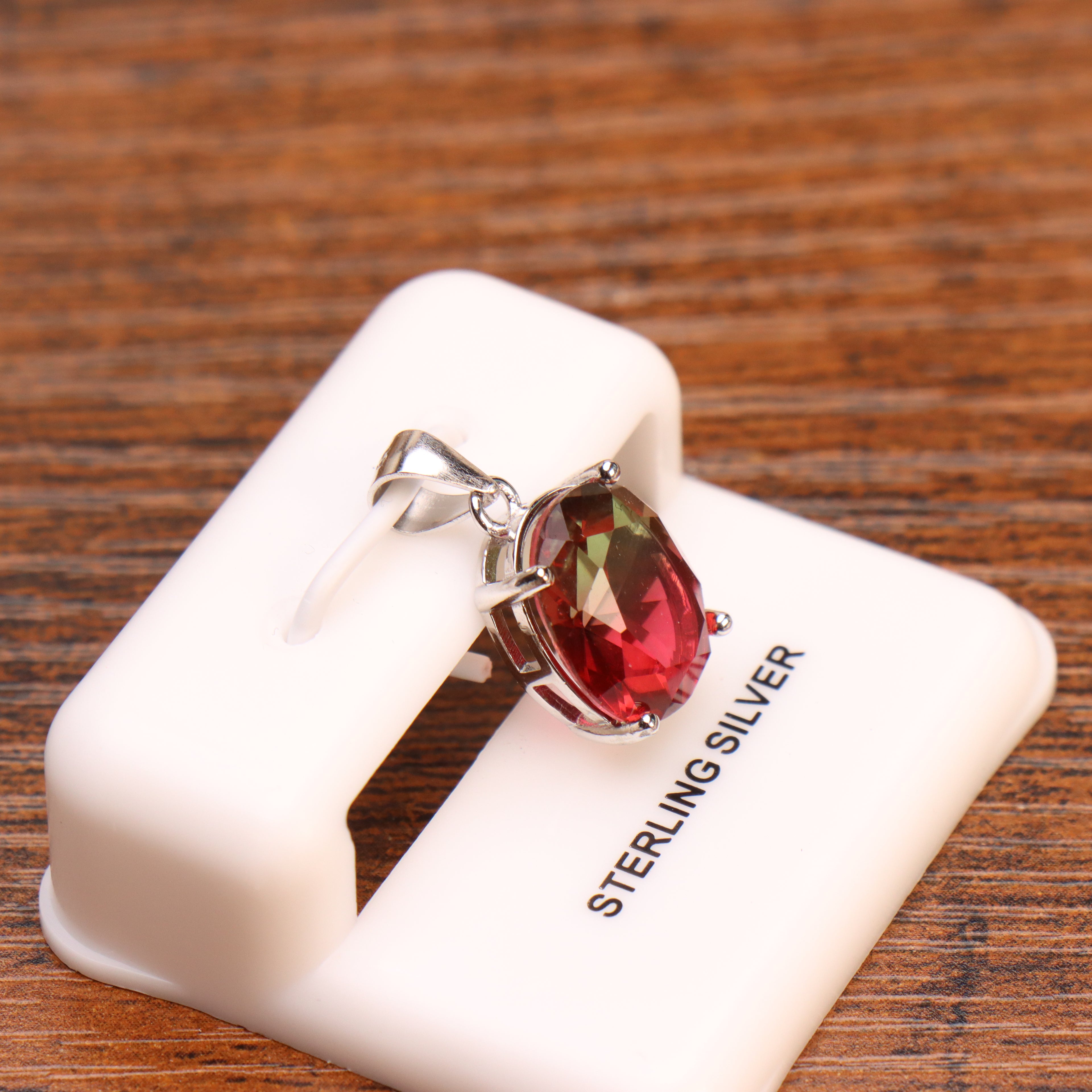 Watermelon oval semi precious natural pendant in 925 sterling silver