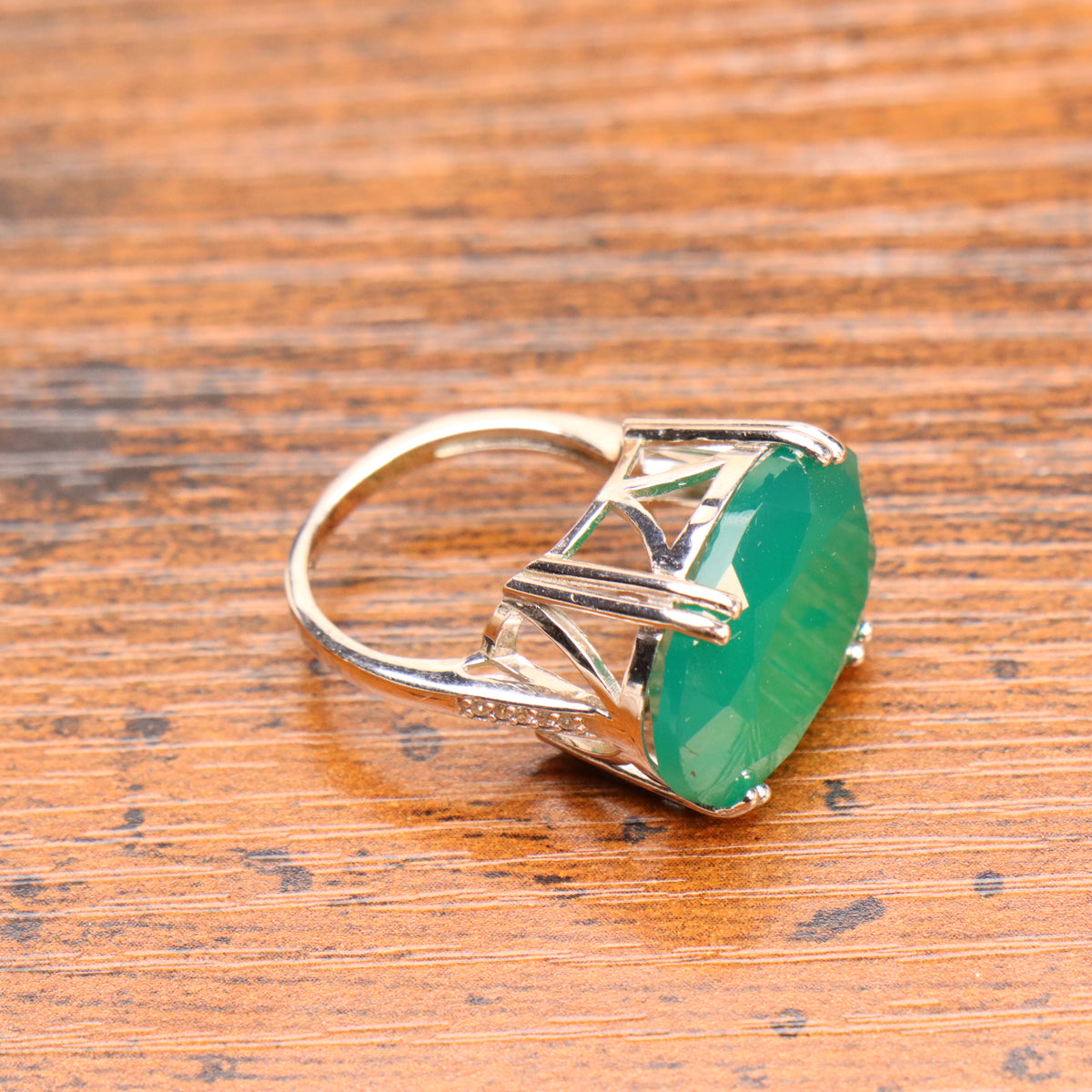 Large Emerald Stone Semi Precious Natural Ring 925 Sterling Silver Oval
