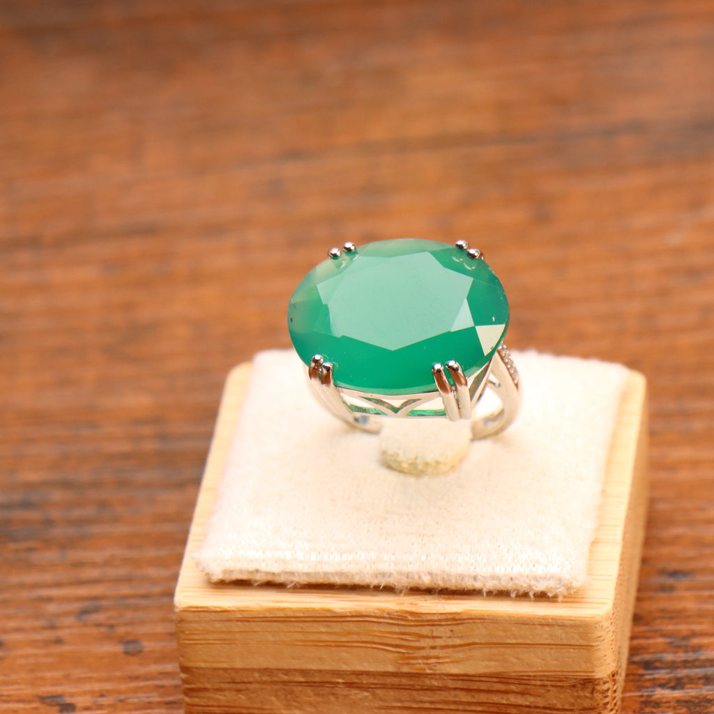 Large Emerald Stone Semi Precious Natural Ring 925 Sterling Silver Oval