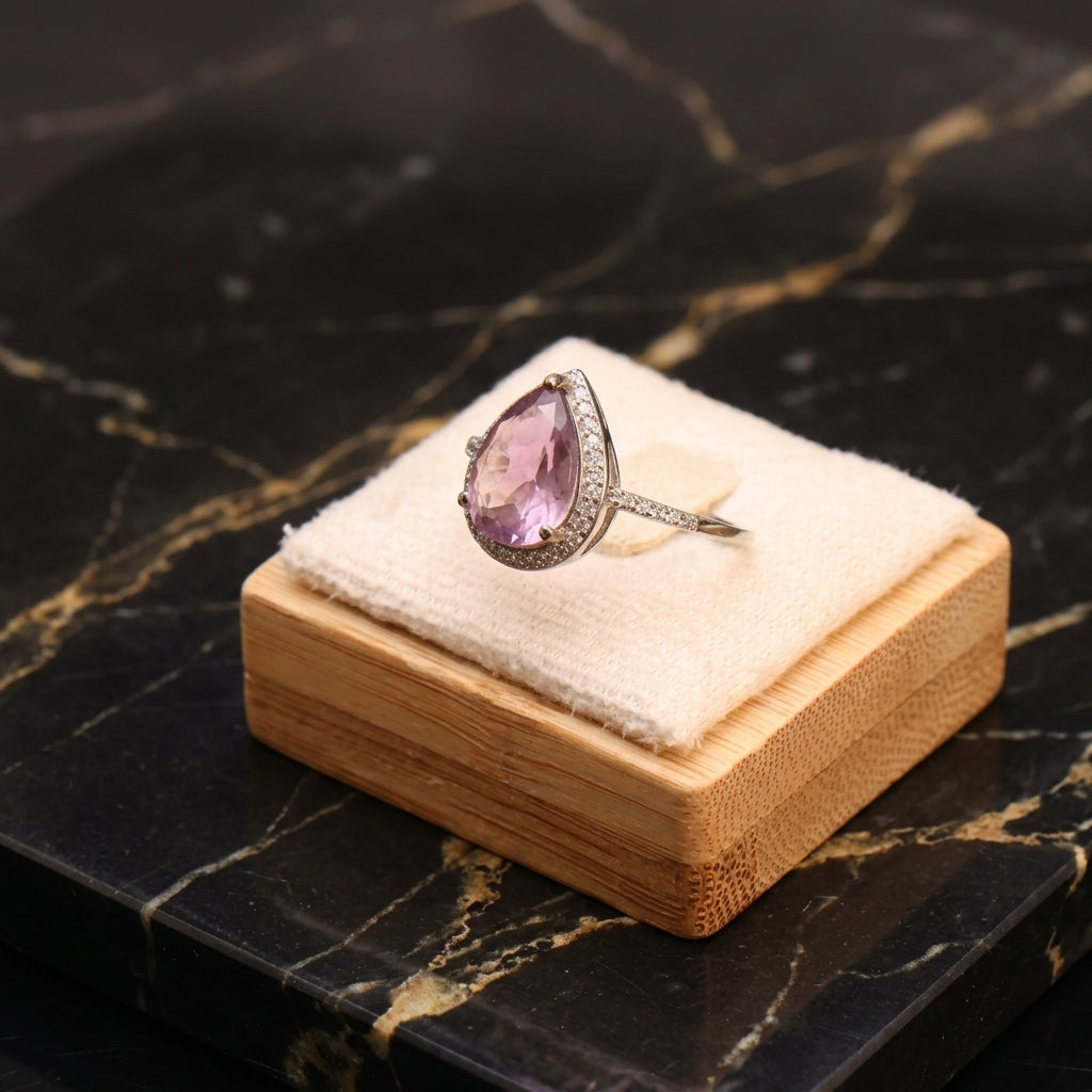 Amethyst Purple Semi Precious Natural Ring 925 Sterling Silver Pear