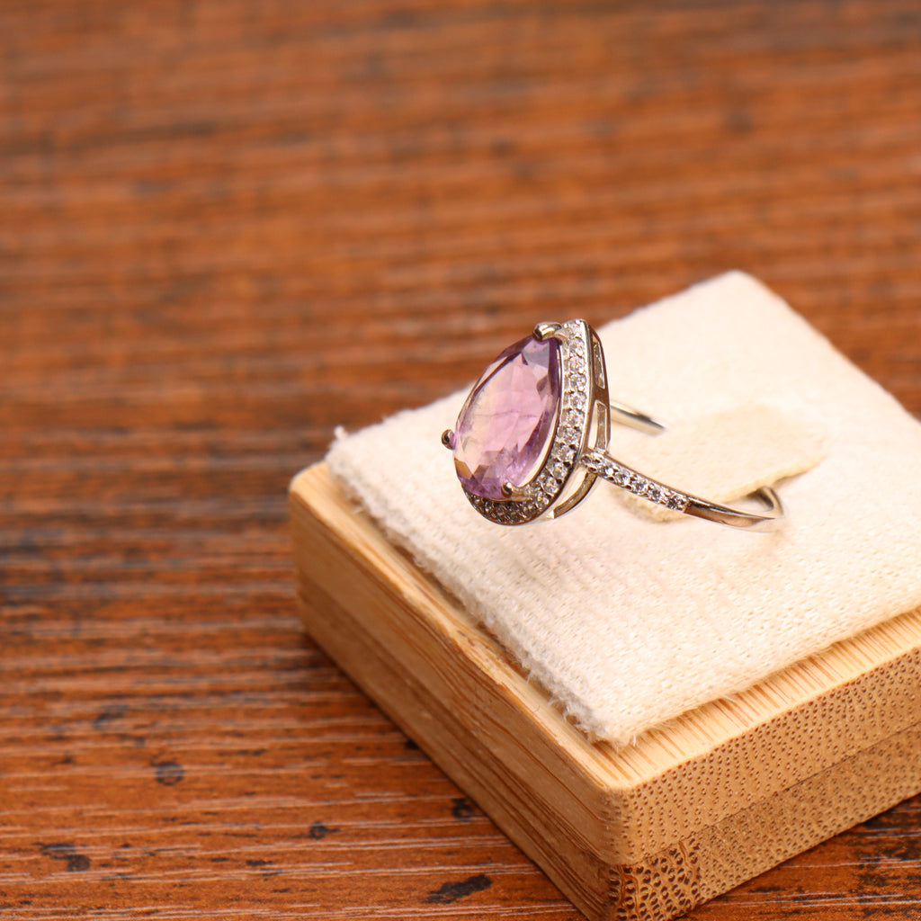 Amethyst Purple Semi Precious Natural Ring 925 Sterling Silver Pear