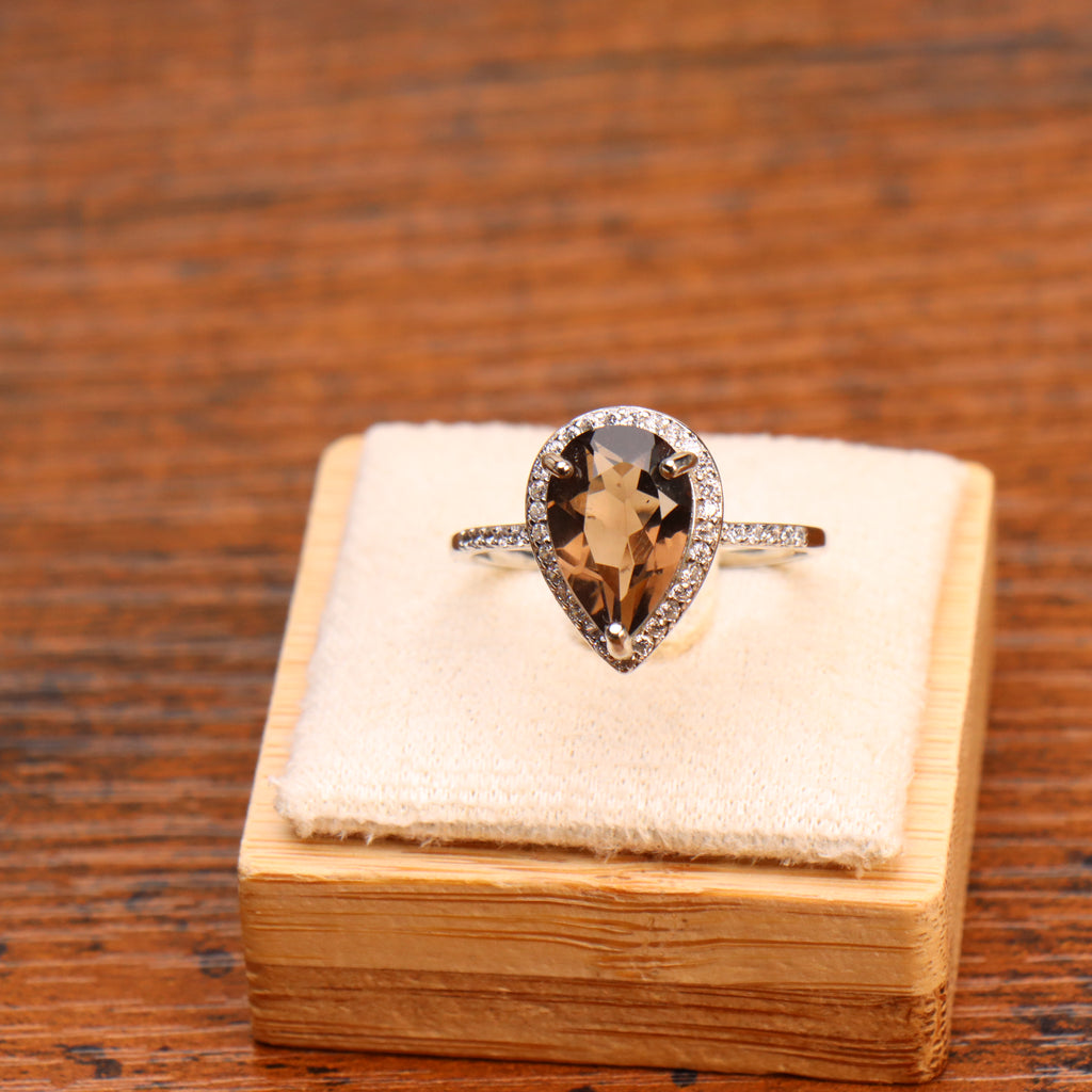 Smokey Quartz Semi Precious Natural Ring 925 Sterling Silver Pear