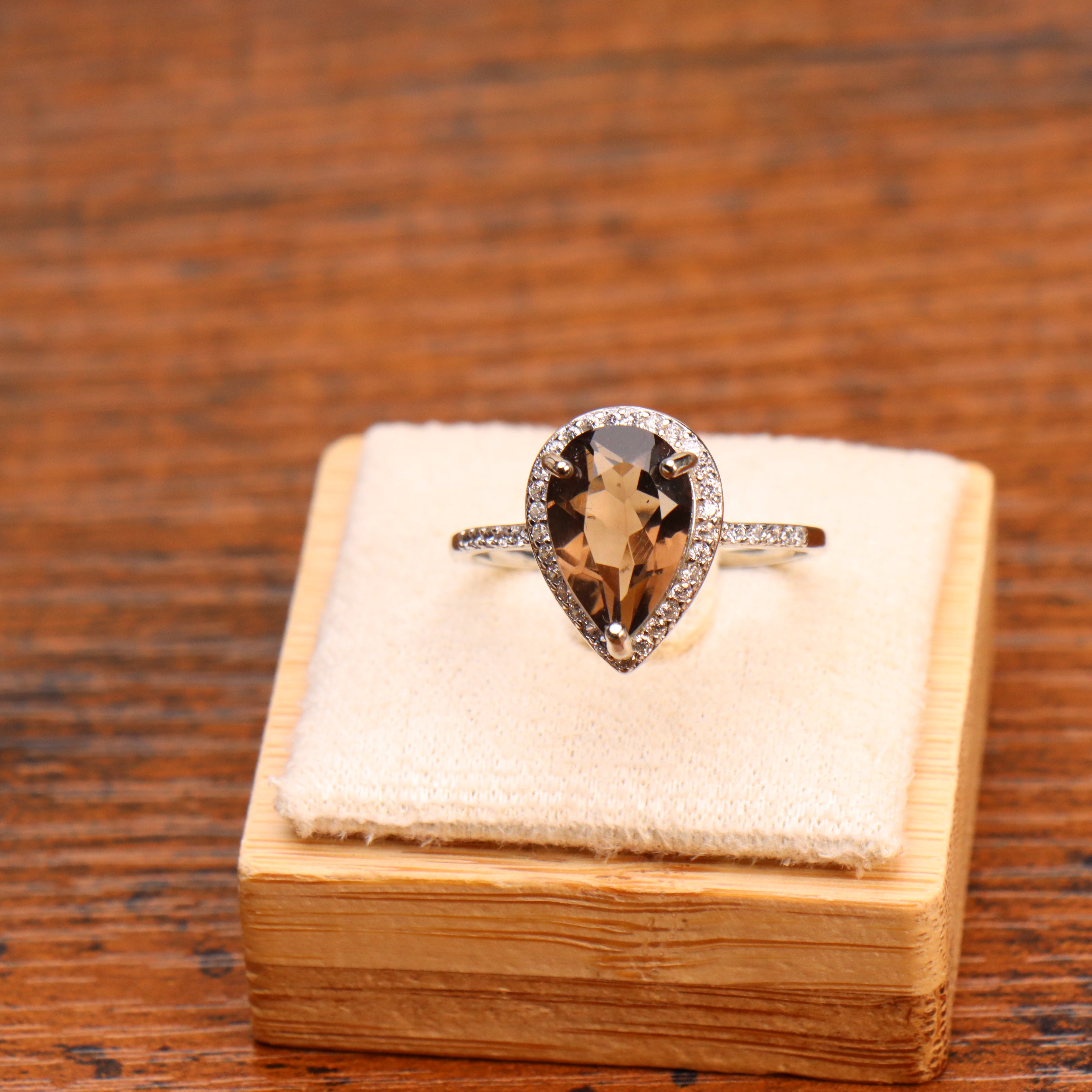 Smokey Quartz Semi Precious Natural Ring 925 Sterling Silver Pear