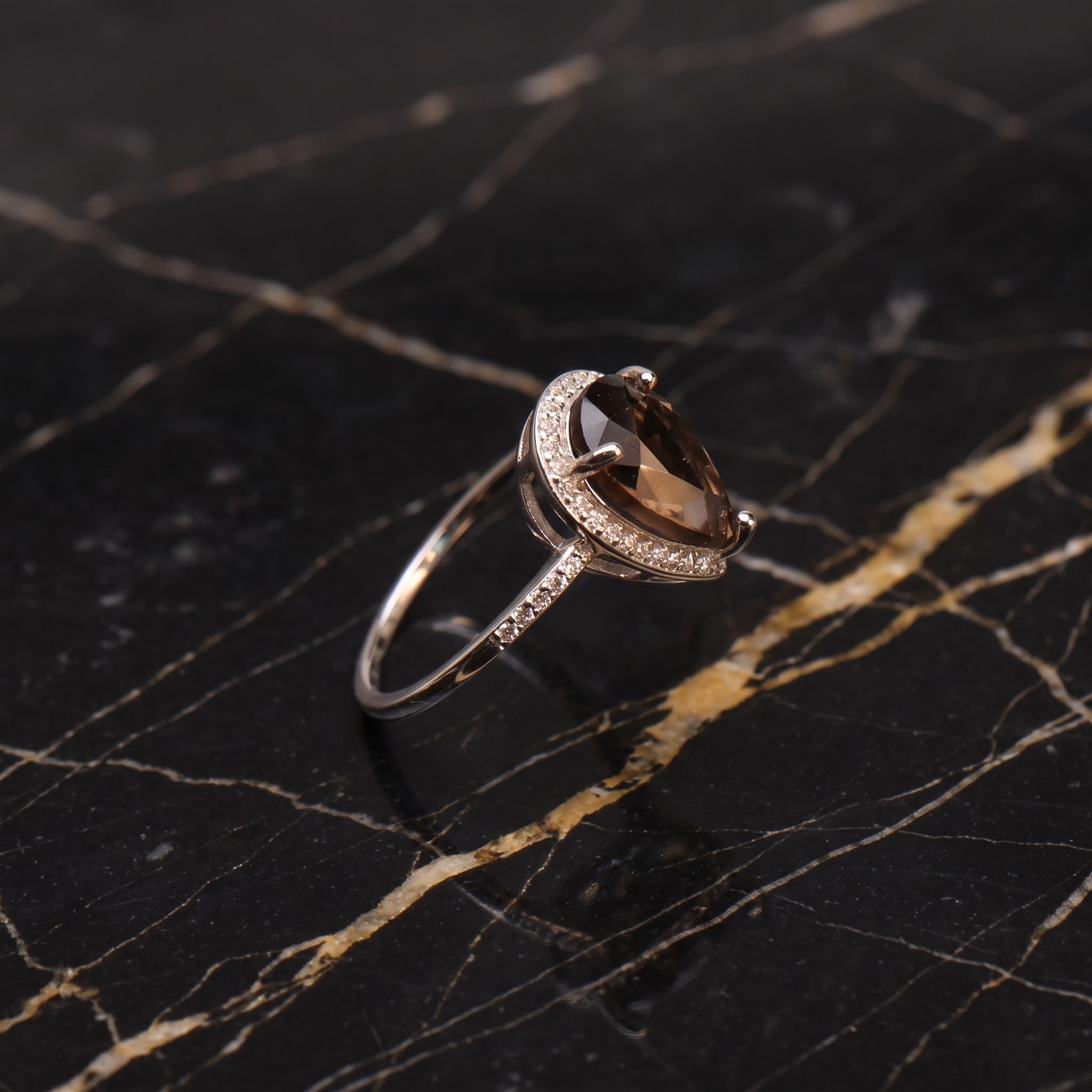 Smokey Quartz Semi Precious Natural Ring 925 Sterling Silver Pear