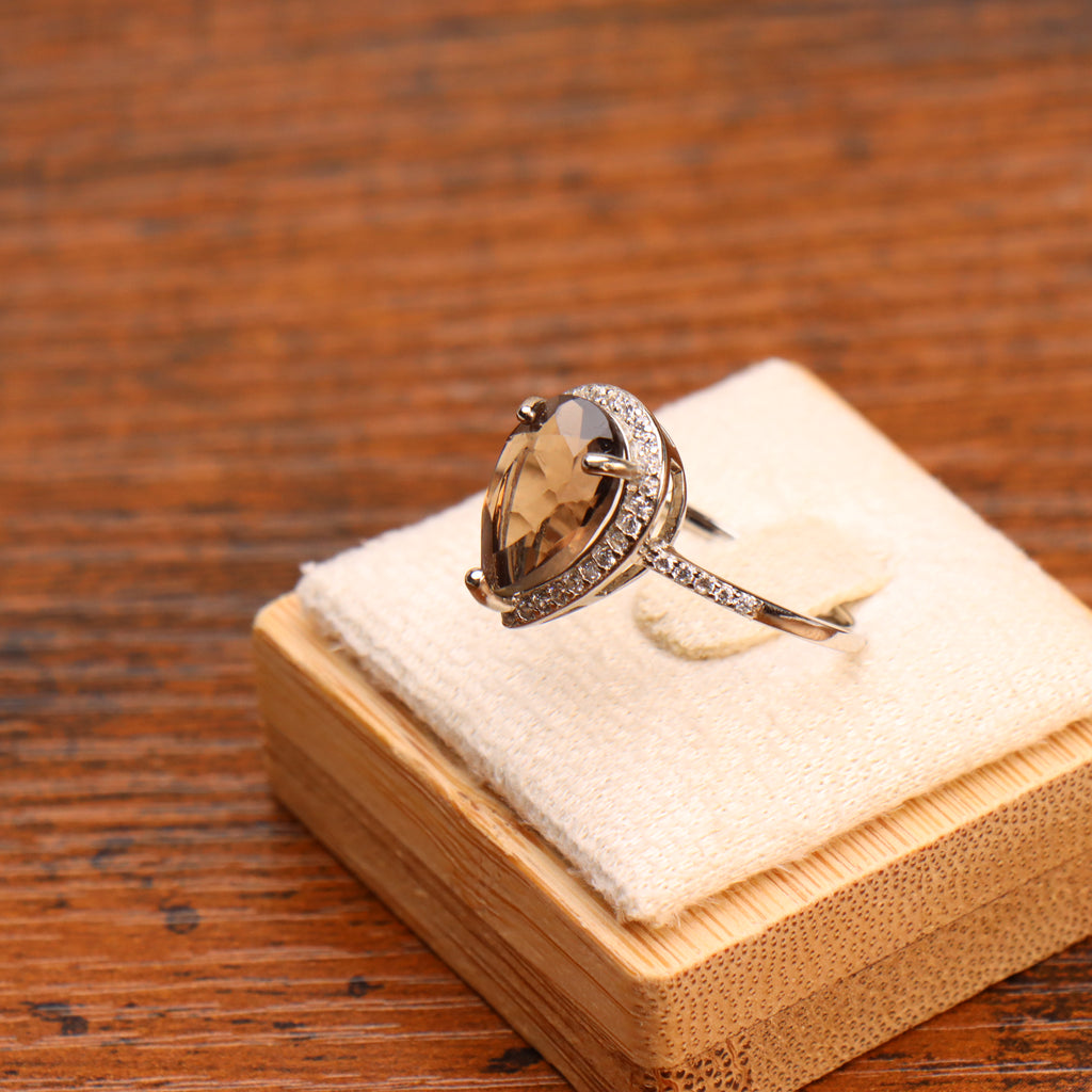 Smokey Quartz Semi Precious Natural Ring 925 Sterling Silver Pear