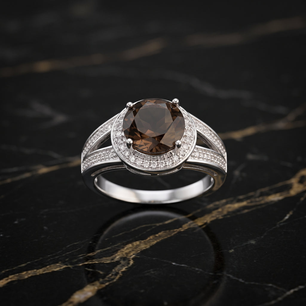 A silver-toned ring featuring a large oval brown smoky gemstone in a prong setting, surrounded by a double halo of small clear pavé stones, displayed on a black marble surface with gold veining.