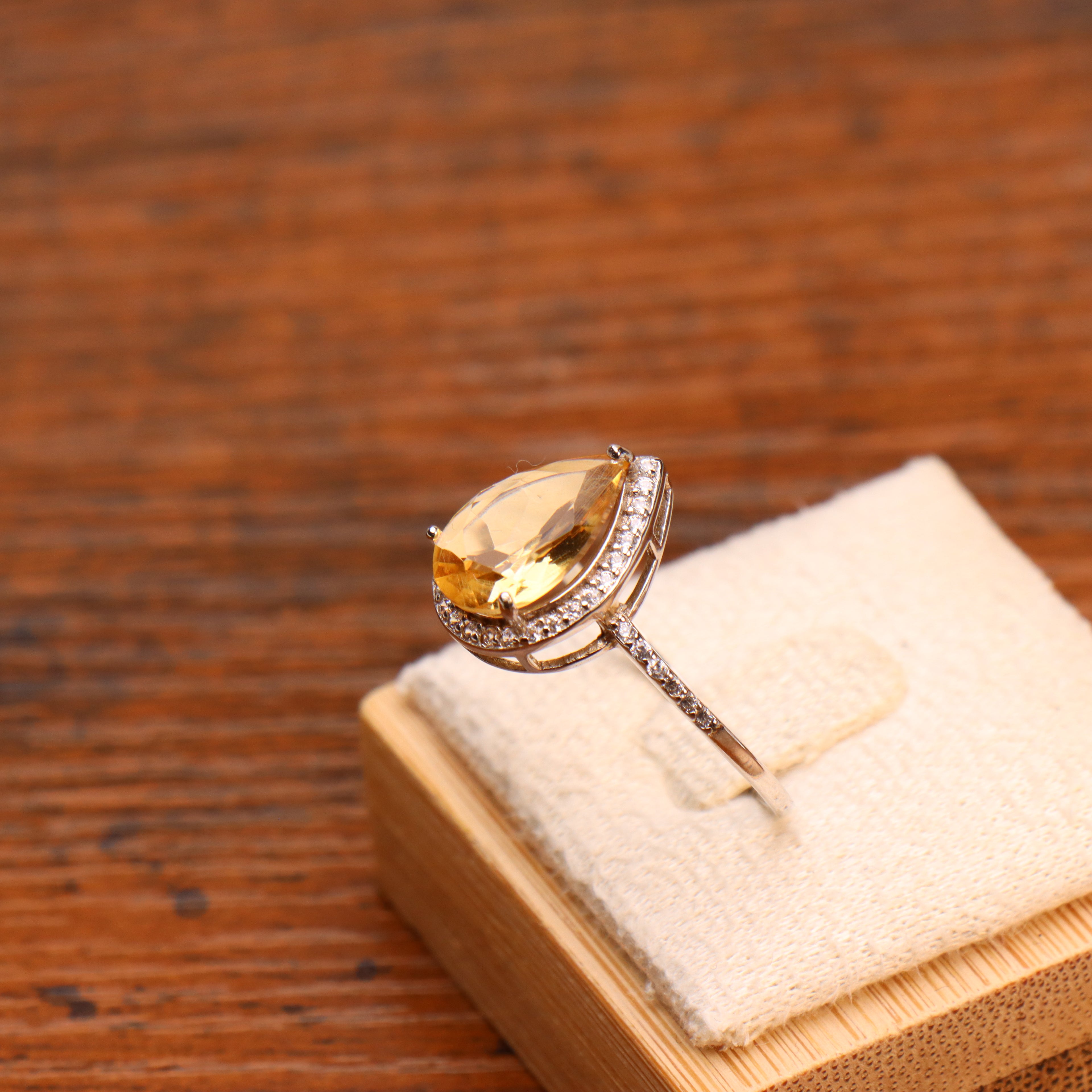 Citrine Semi Precious Natural Ring 925 Sterling Silver Pear