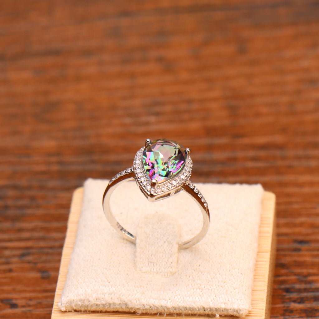 Mystic Topaz Quartz  Semi Precious Natural Ring 925 Sterling Silver Pear