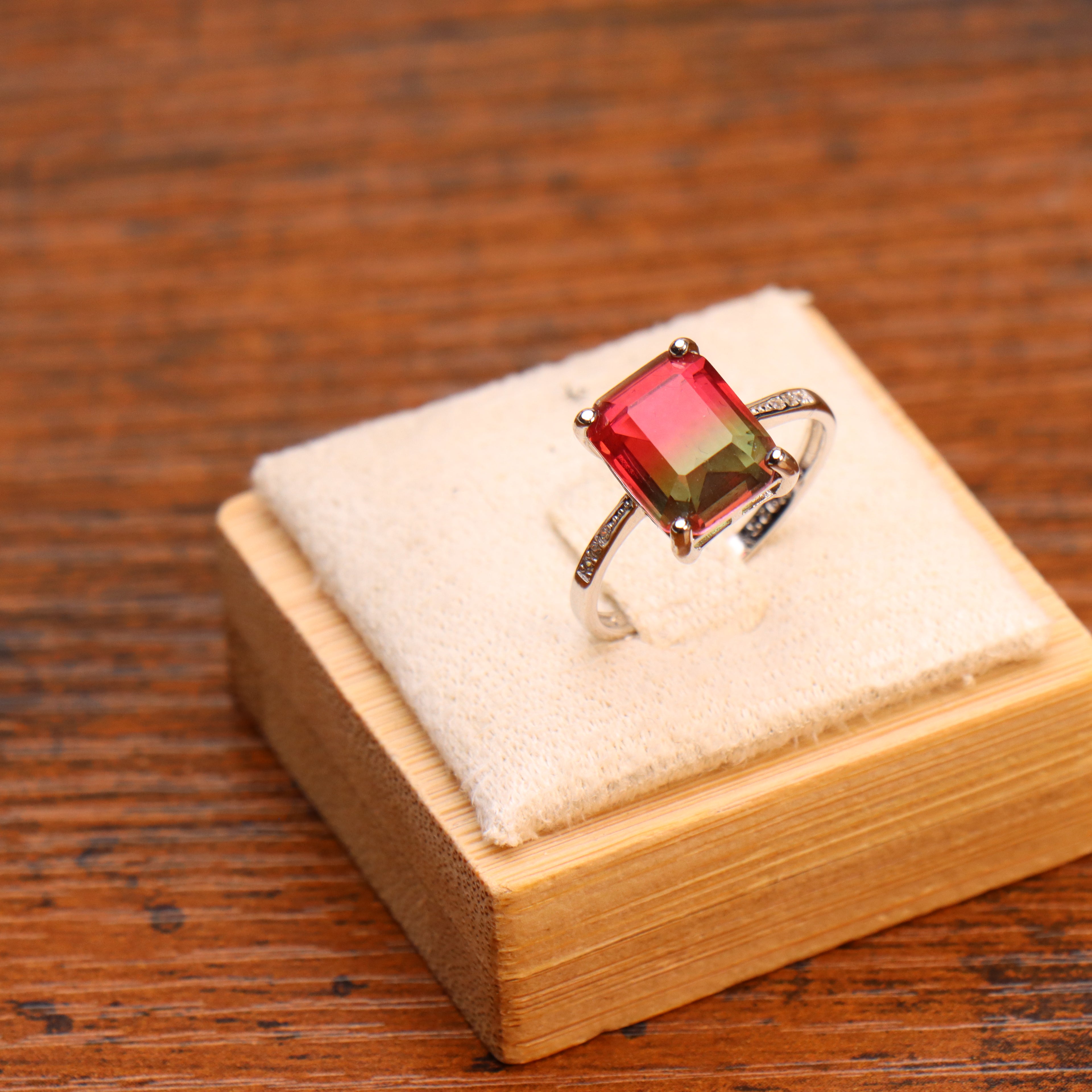 Watermelon Quartz Semi Precious Natural Ring 925 Sterling Silver Emerald Cut