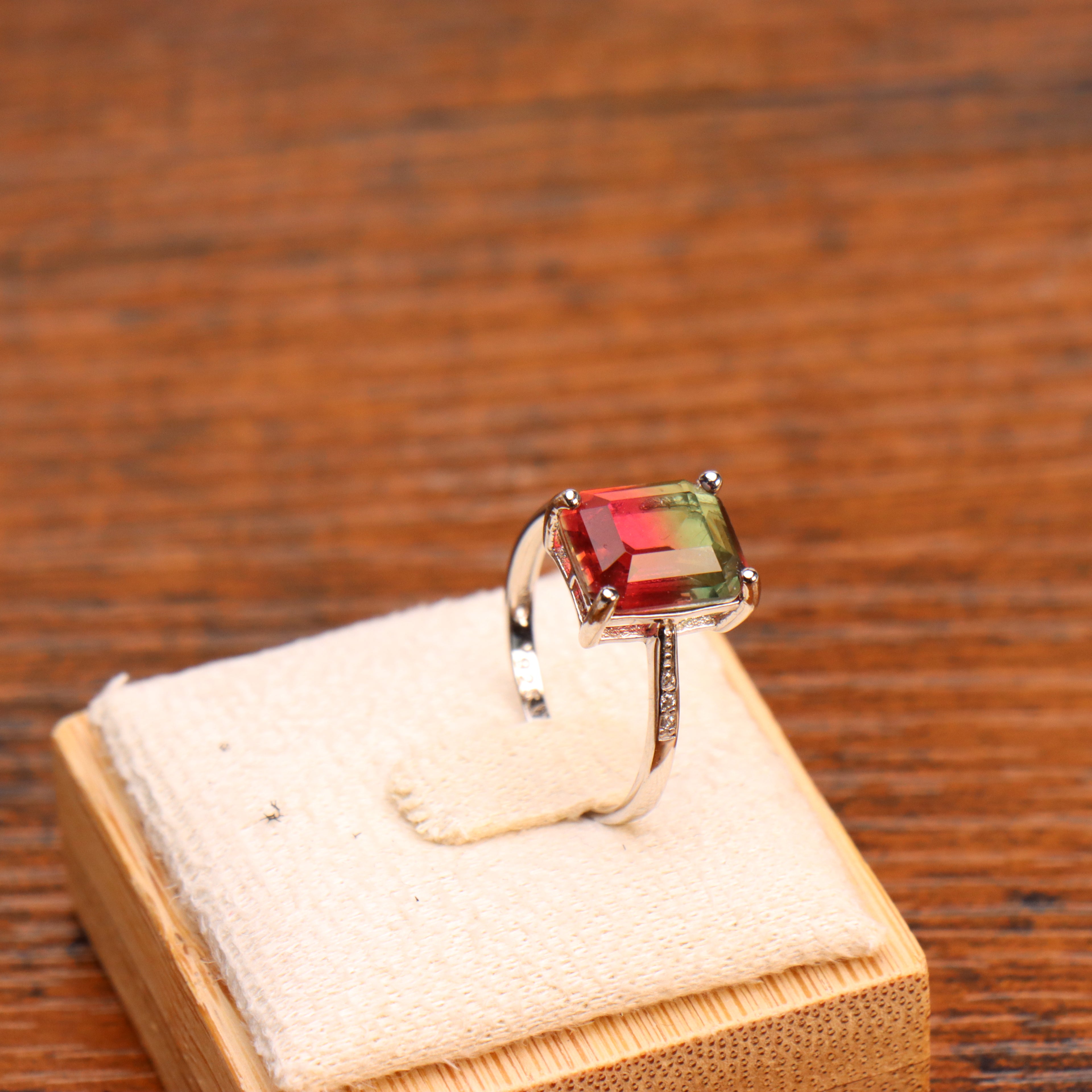 Watermelon Quartz Semi Precious Natural Ring 925 Sterling Silver Emerald Cut