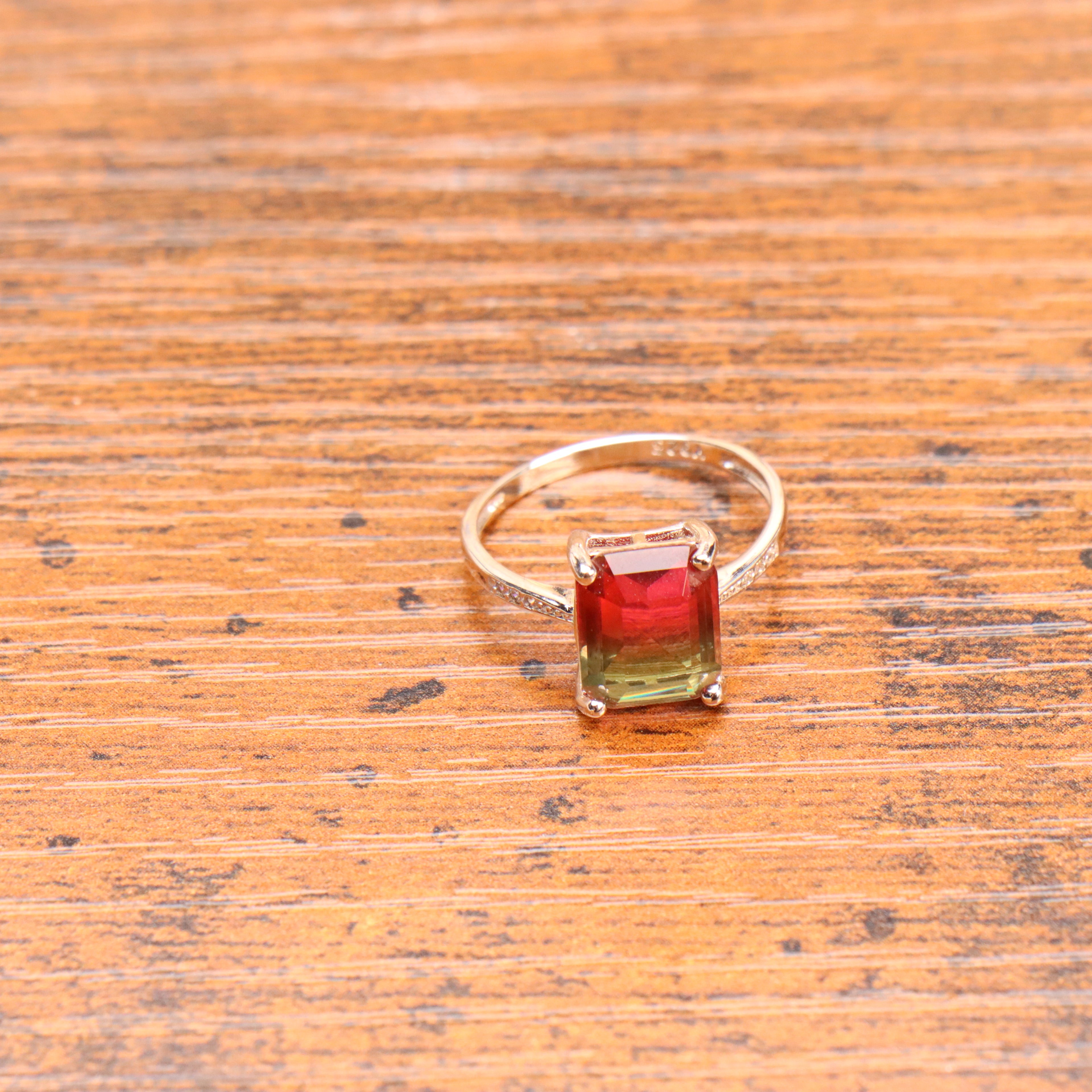 Watermelon Quartz Semi Precious Natural Ring 925 Sterling Silver Emerald Cut