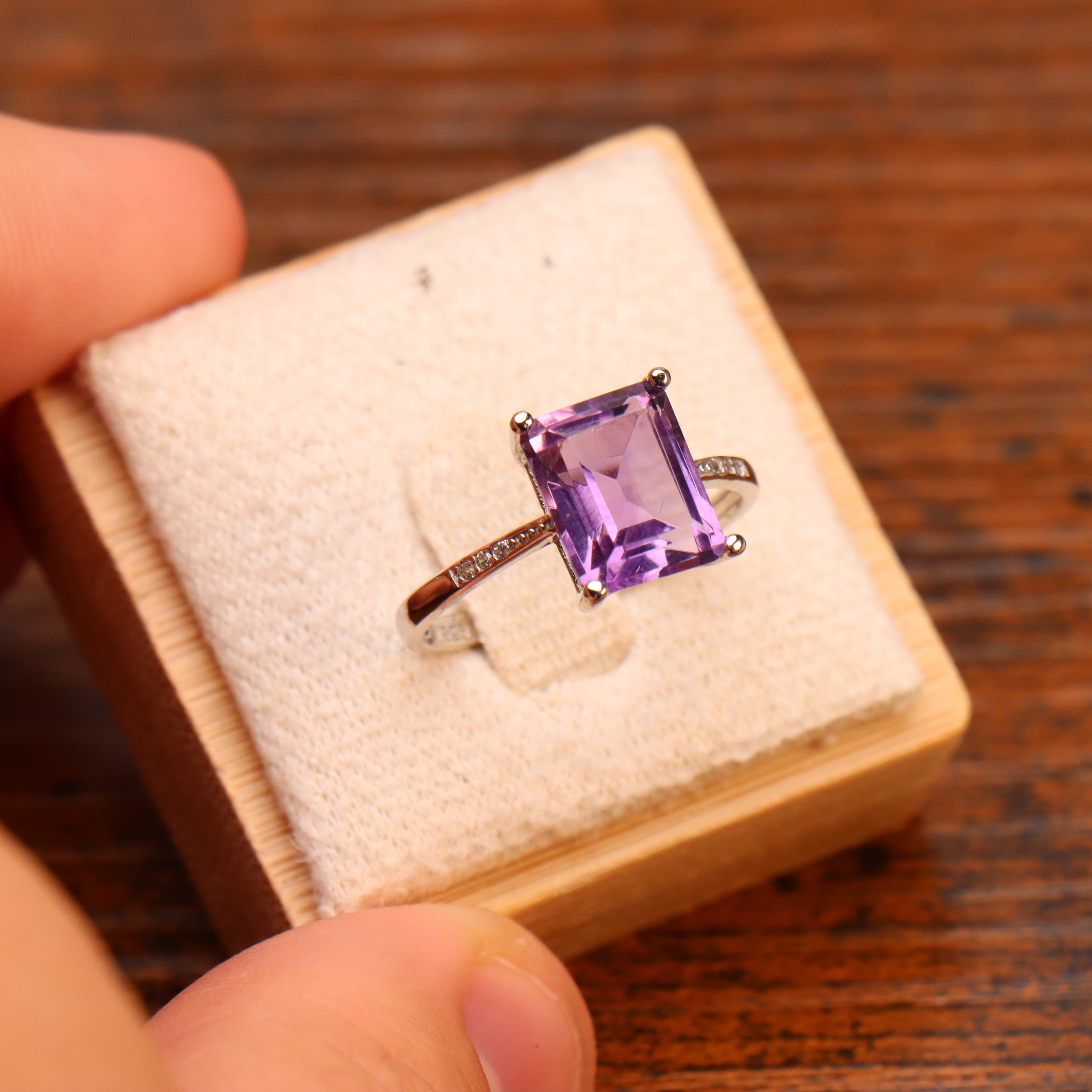 Amethyst Purple Semi Precious Natural Ring 925 Silver Emerald Cut