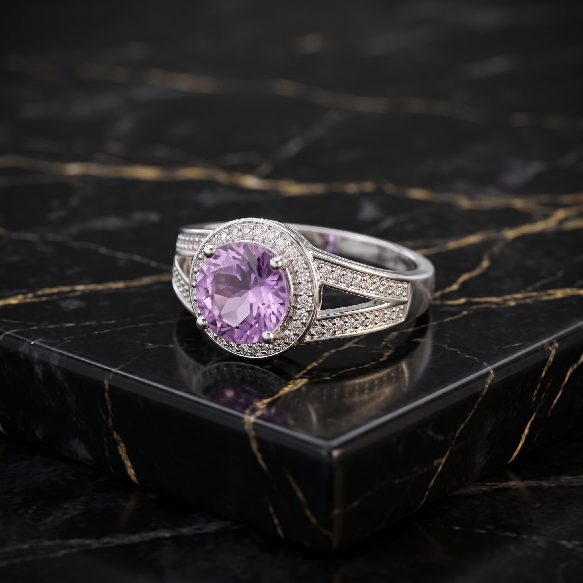Amethyst Purple Semi Precious Natural Ring 925 Sterling Silver Round