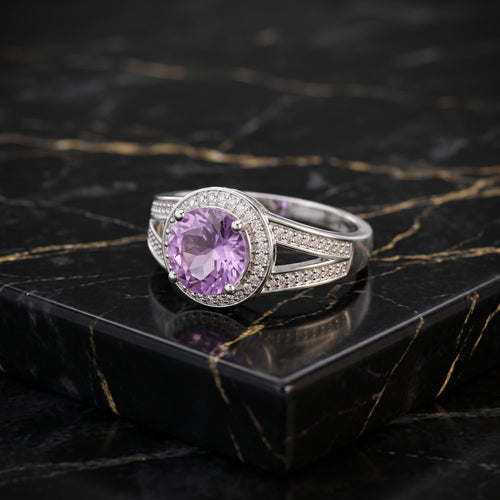 Amethyst Purple Semi Precious Natural Ring 925 Sterling Silver Round