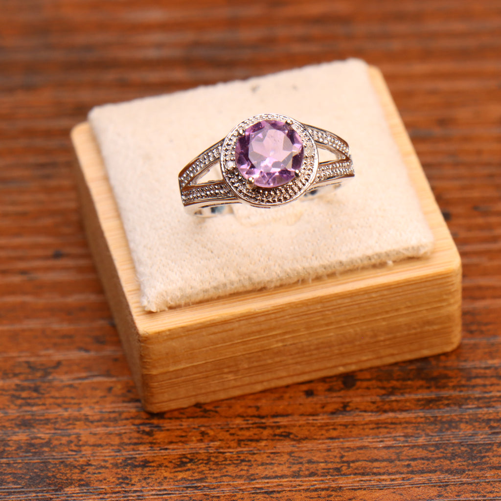 Amethyst Purple Semi Precious Natural Ring 925 Sterling Silver Round
