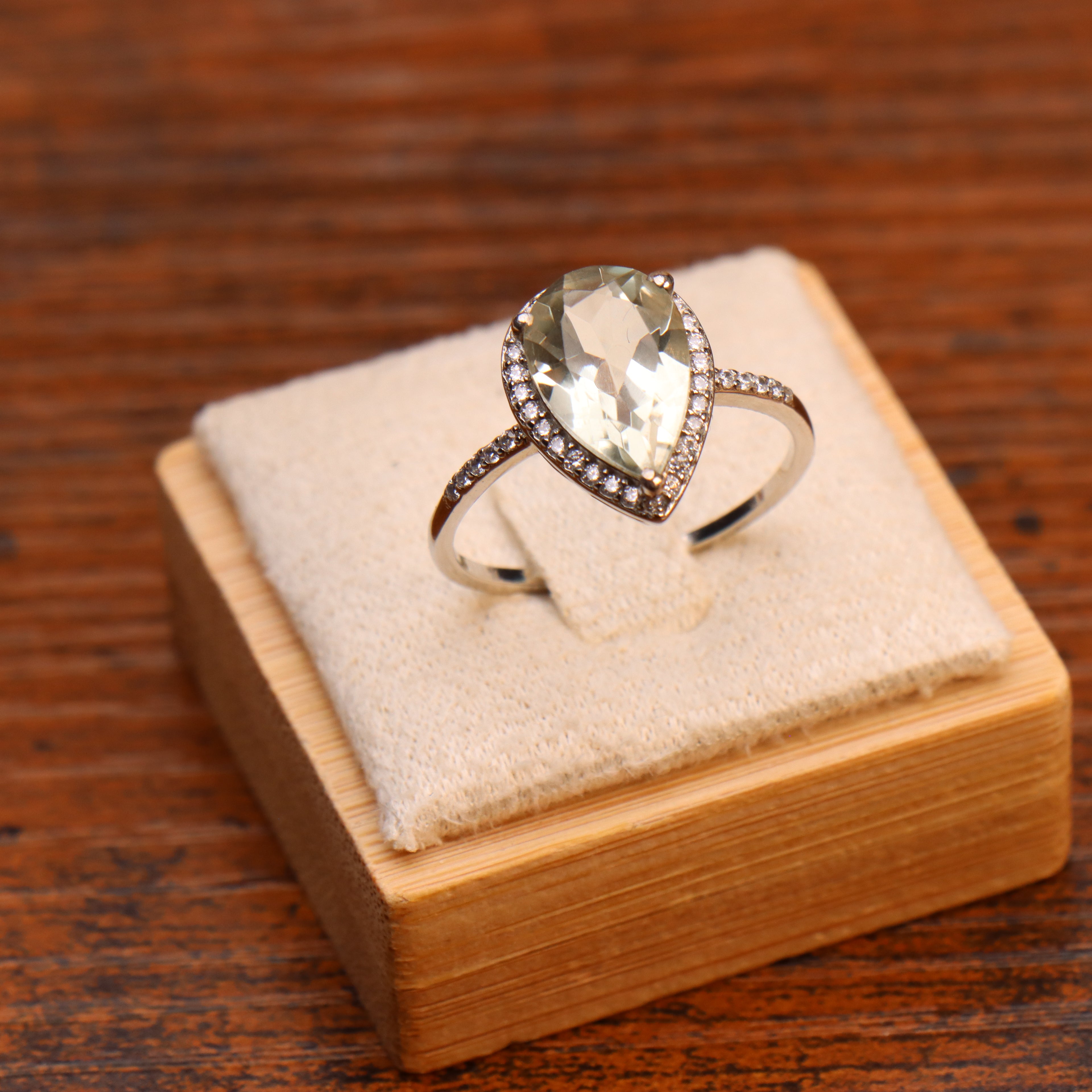 Green Amethyst Semi Precious Natural Ring 925 Sterling Silver Pear