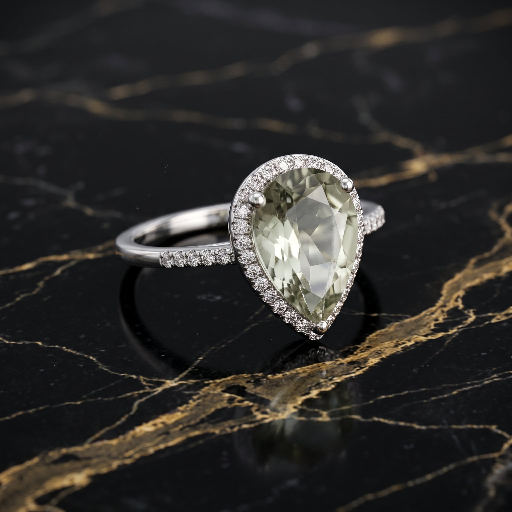 Green Amethyst Semi Precious Natural Ring 925 Sterling Silver Pear