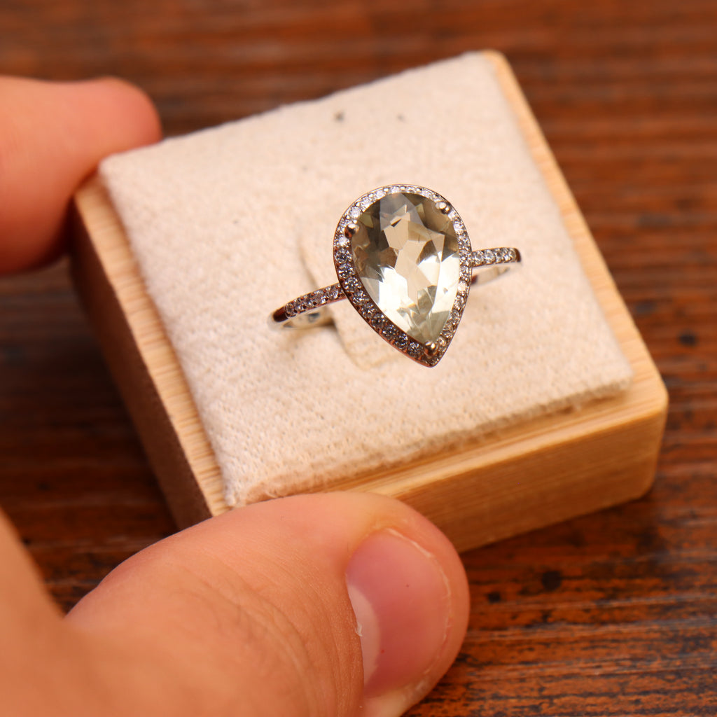 Green Amethyst Semi Precious Natural Ring 925 Sterling Silver Pear