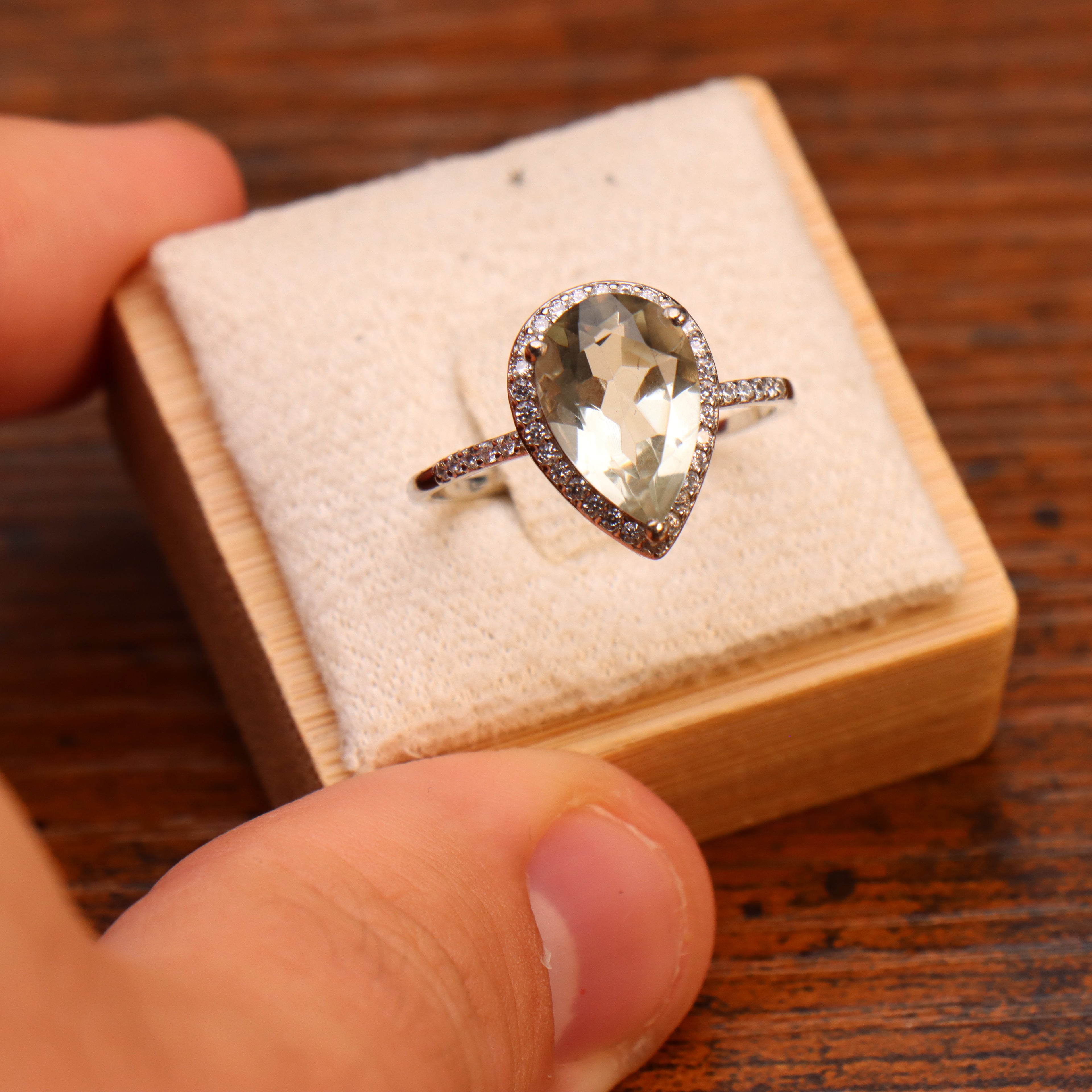 Green Amethyst Semi Precious Natural Ring 925 Sterling Silver Pear