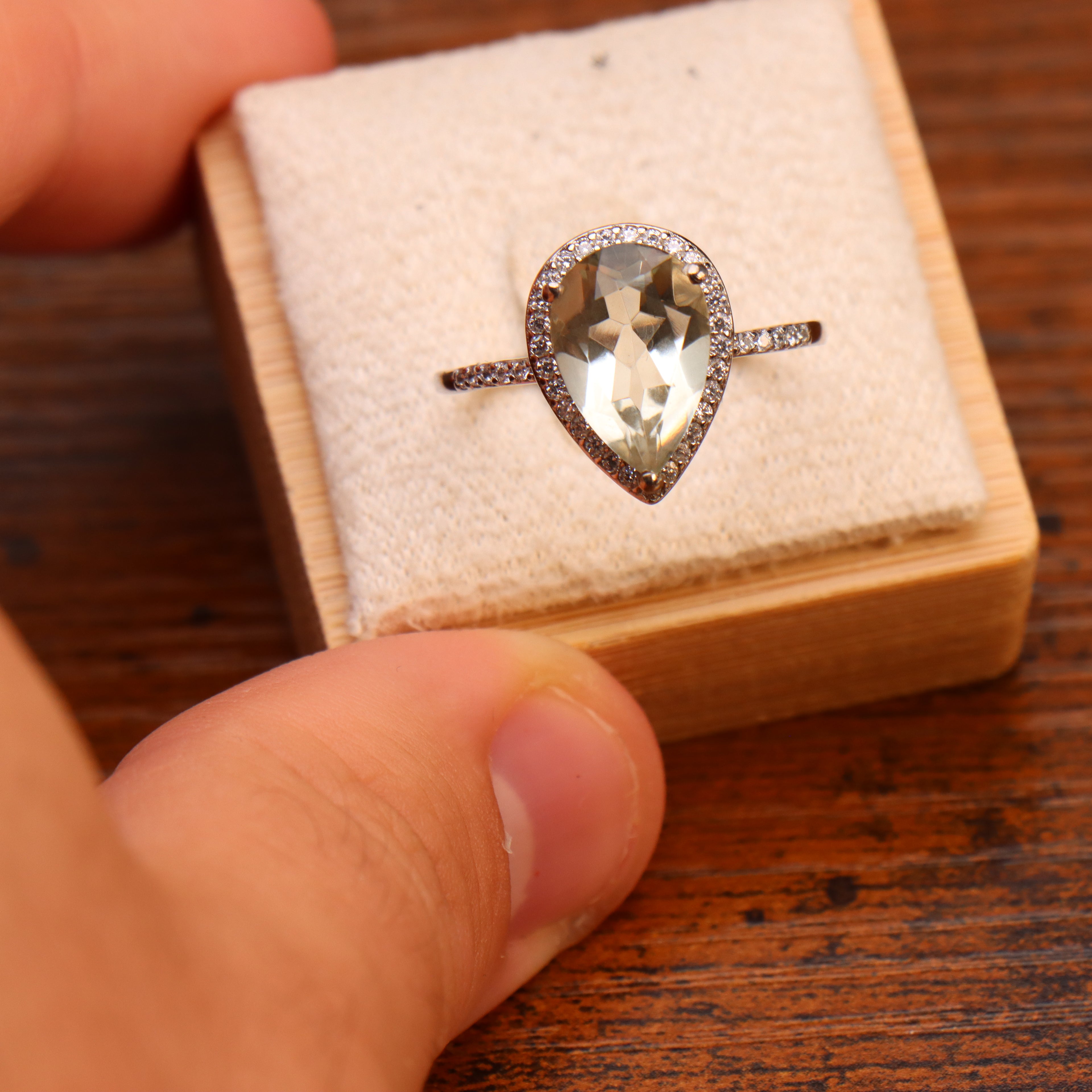Green Amethyst Semi Precious Natural Ring 925 Sterling Silver Pear