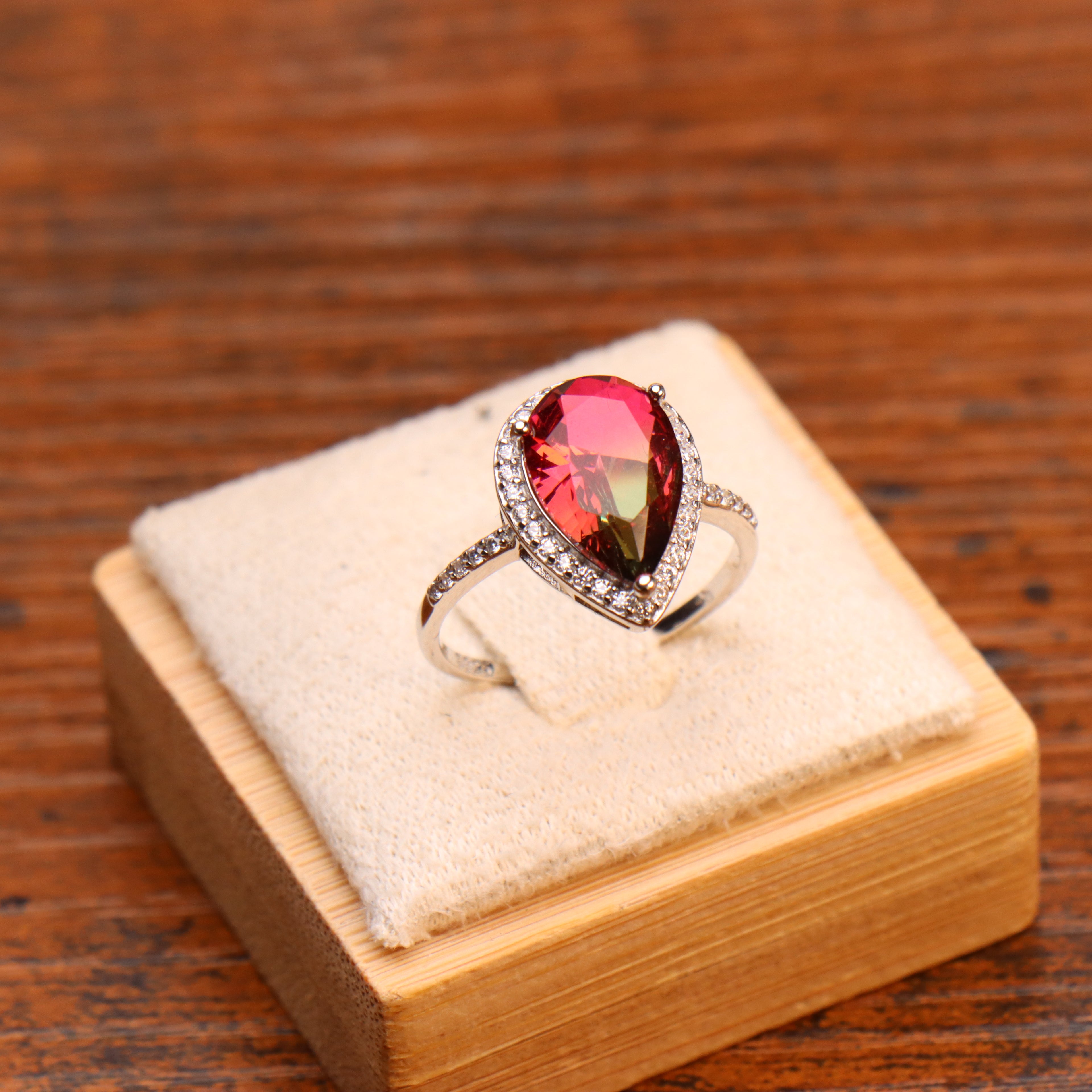 Watermelon Quartz Semi Precious Natural Ring 925 Sterling Silver Pear