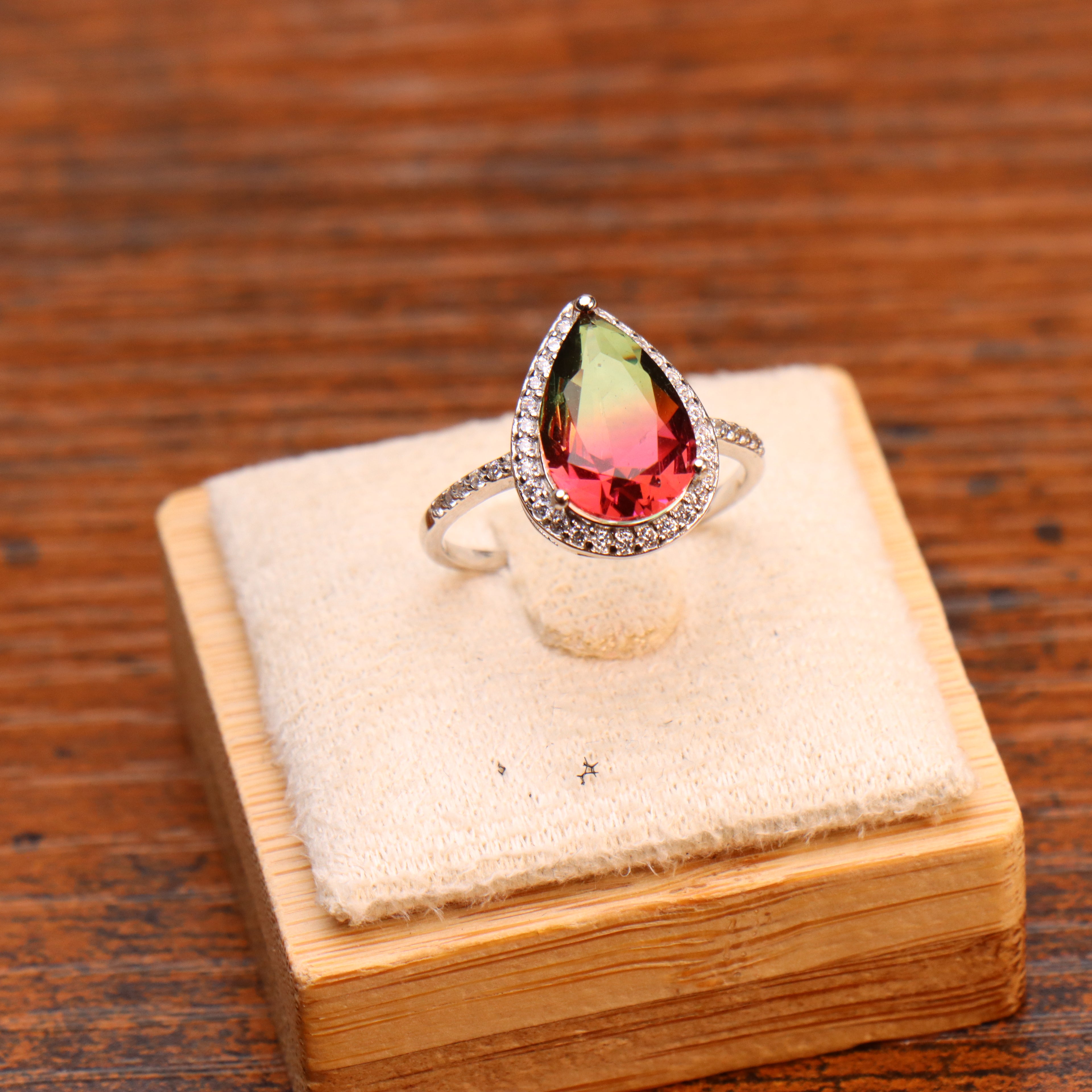 Watermelon Quartz Semi Precious Natural Ring 925 Sterling Silver Pear