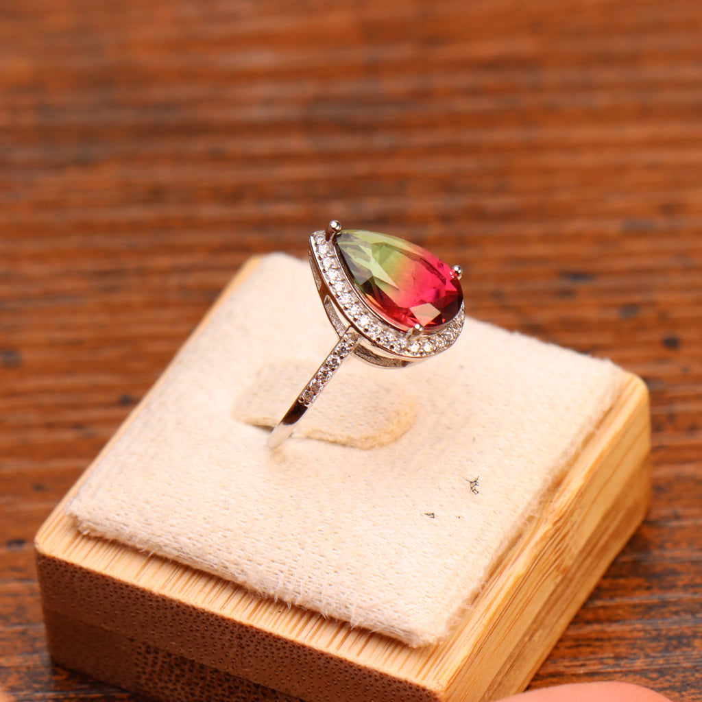 Watermelon Quartz Semi Precious Natural Ring 925 Sterling Silver Pear