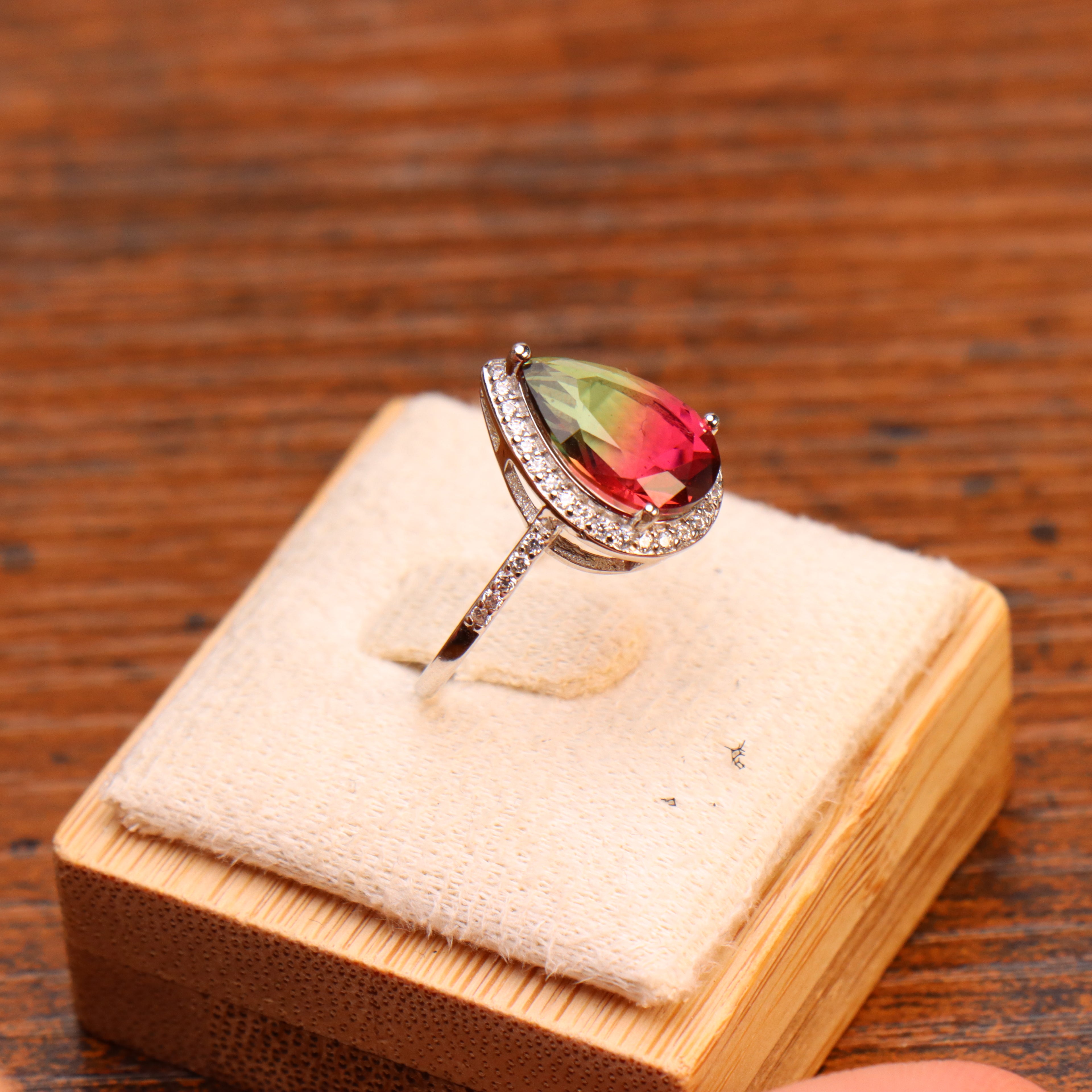 Watermelon Quartz Semi Precious Natural Ring 925 Sterling Silver Pear
