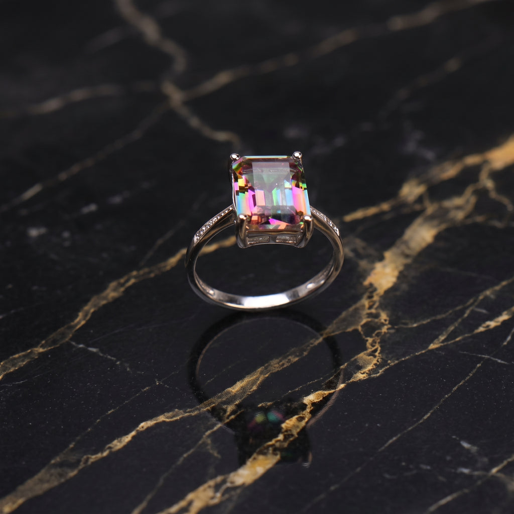 Mystic Topaz Quartz Semi Precious Natural Ring 925 Silver Emerald Cut