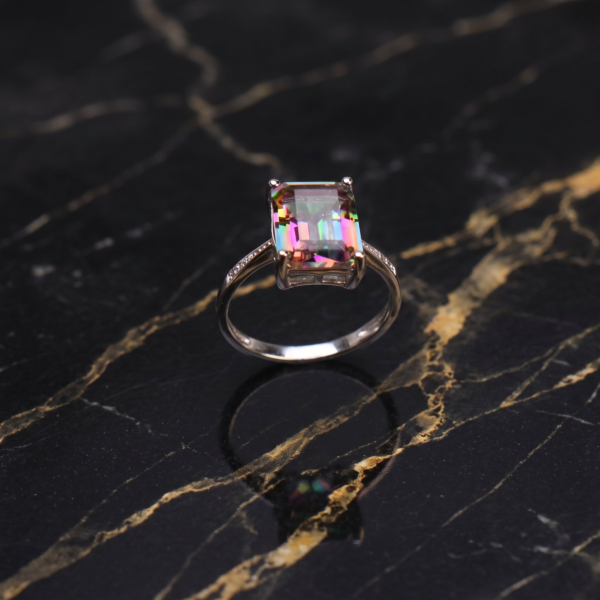 Mystic Topaz Quartz Semi Precious Natural Ring 925 Silver Emerald Cut