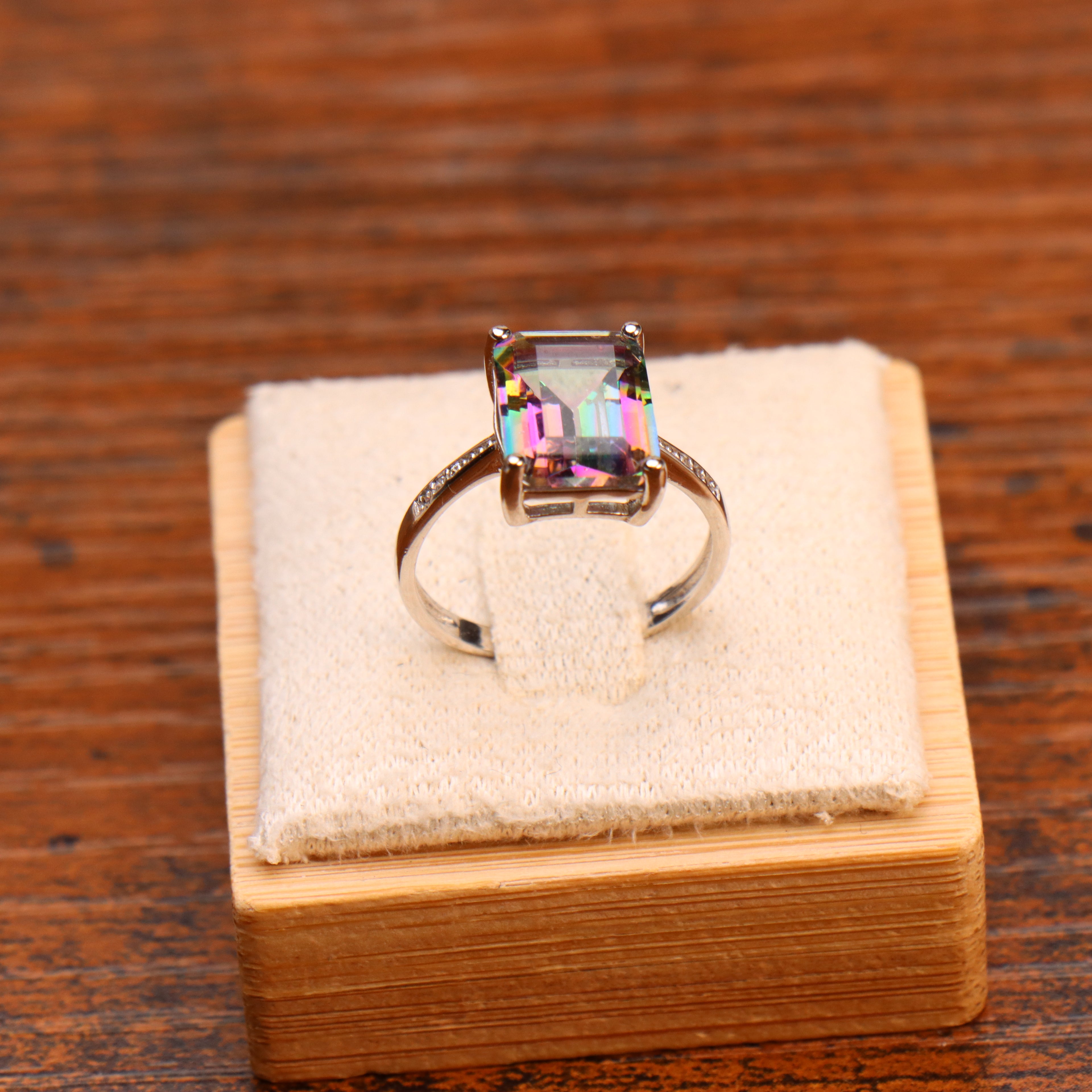 Mystic Topaz Quartz Semi Precious Natural Ring 925 Silver Emerald Cut