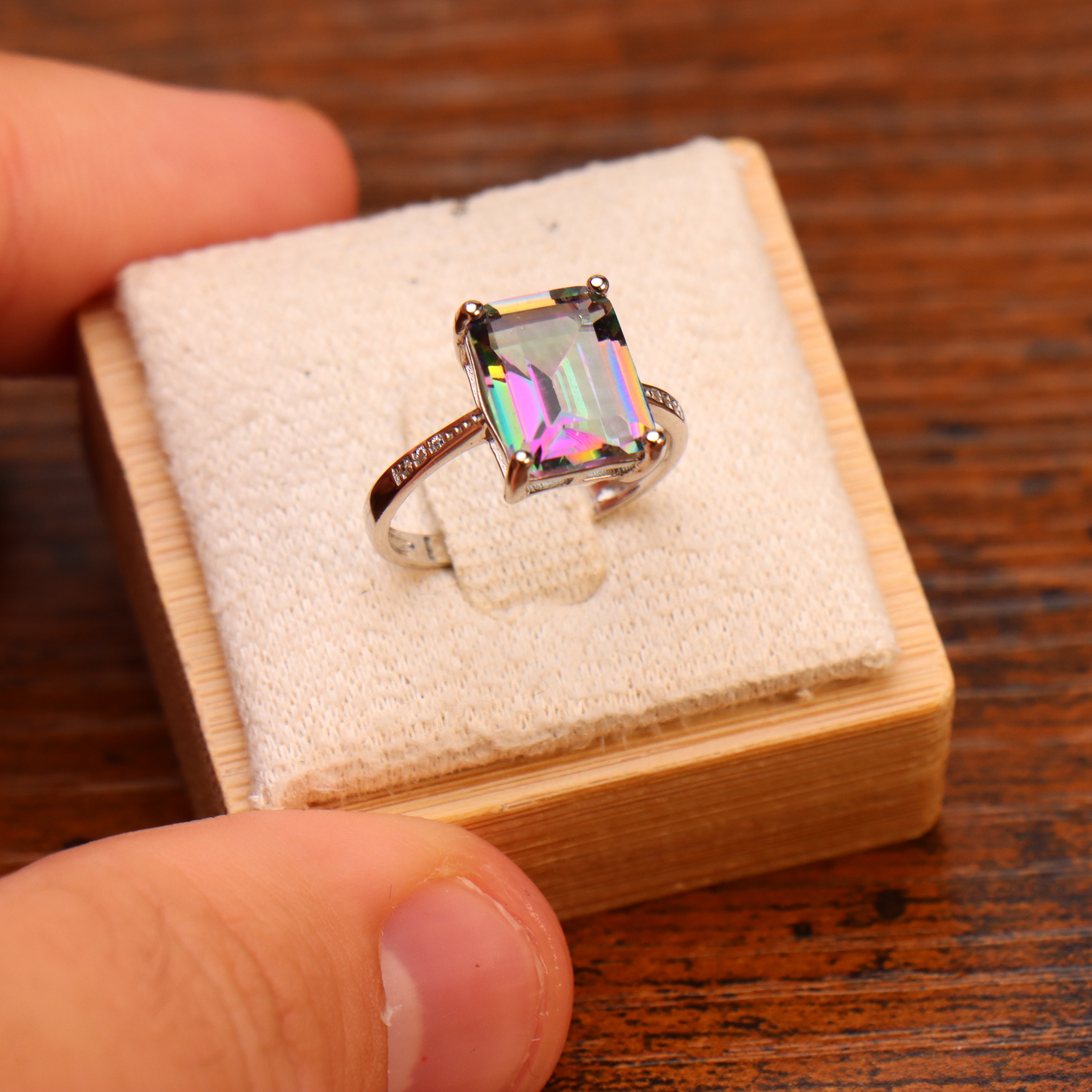 Mystic Topaz Quartz Semi Precious Natural Ring 925 Silver Emerald Cut