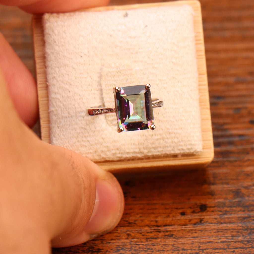 Mystic Topaz Quartz Semi Precious Natural Ring 925 Silver Emerald Cut