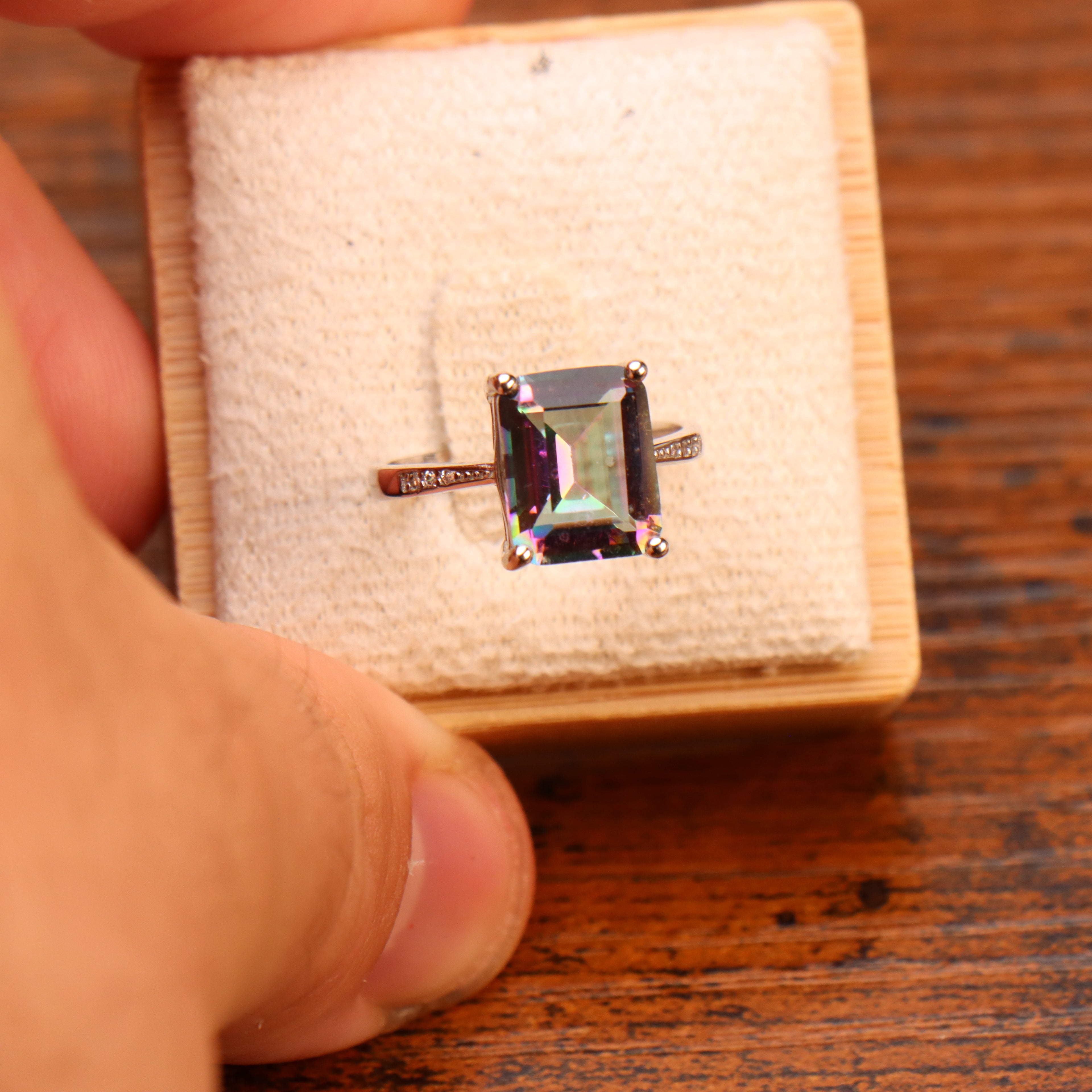Mystic Topaz Quartz Semi Precious Natural Ring 925 Silver Emerald Cut