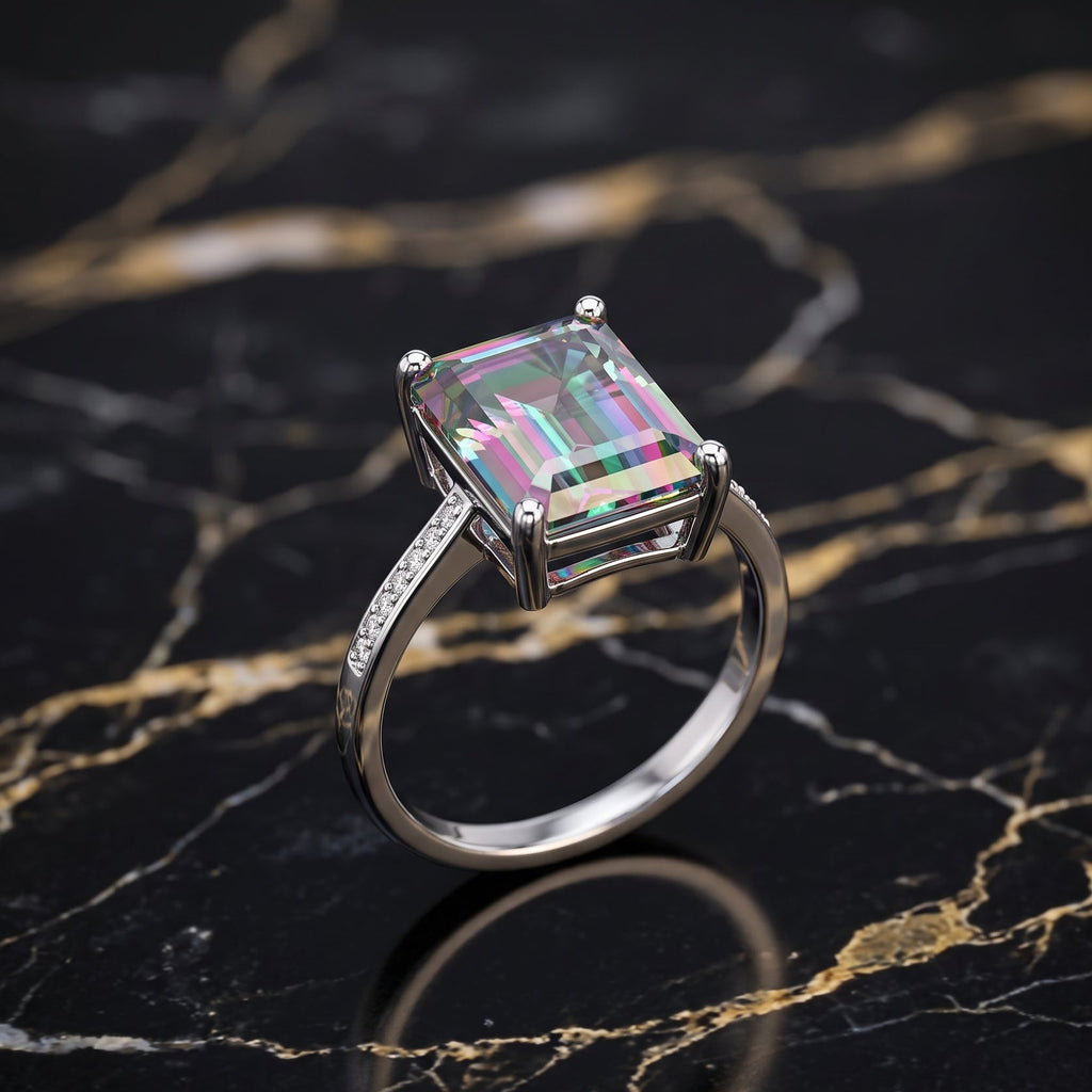 A silver-toned ring with a large rectangular iridescent gemstone and small side stones, displayed on a black marble surface with gold veining.