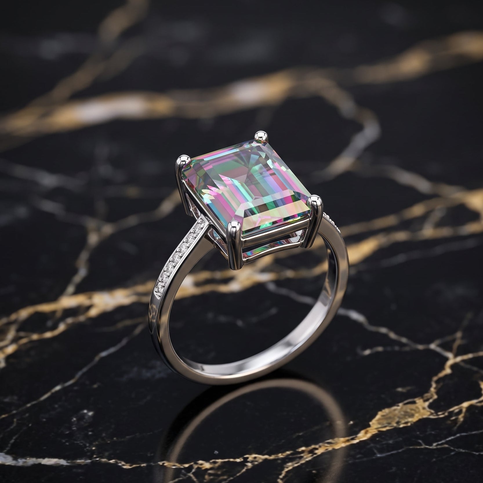 A silver-toned ring with a large rectangular iridescent gemstone and small side stones, displayed on a black marble surface with gold veining.