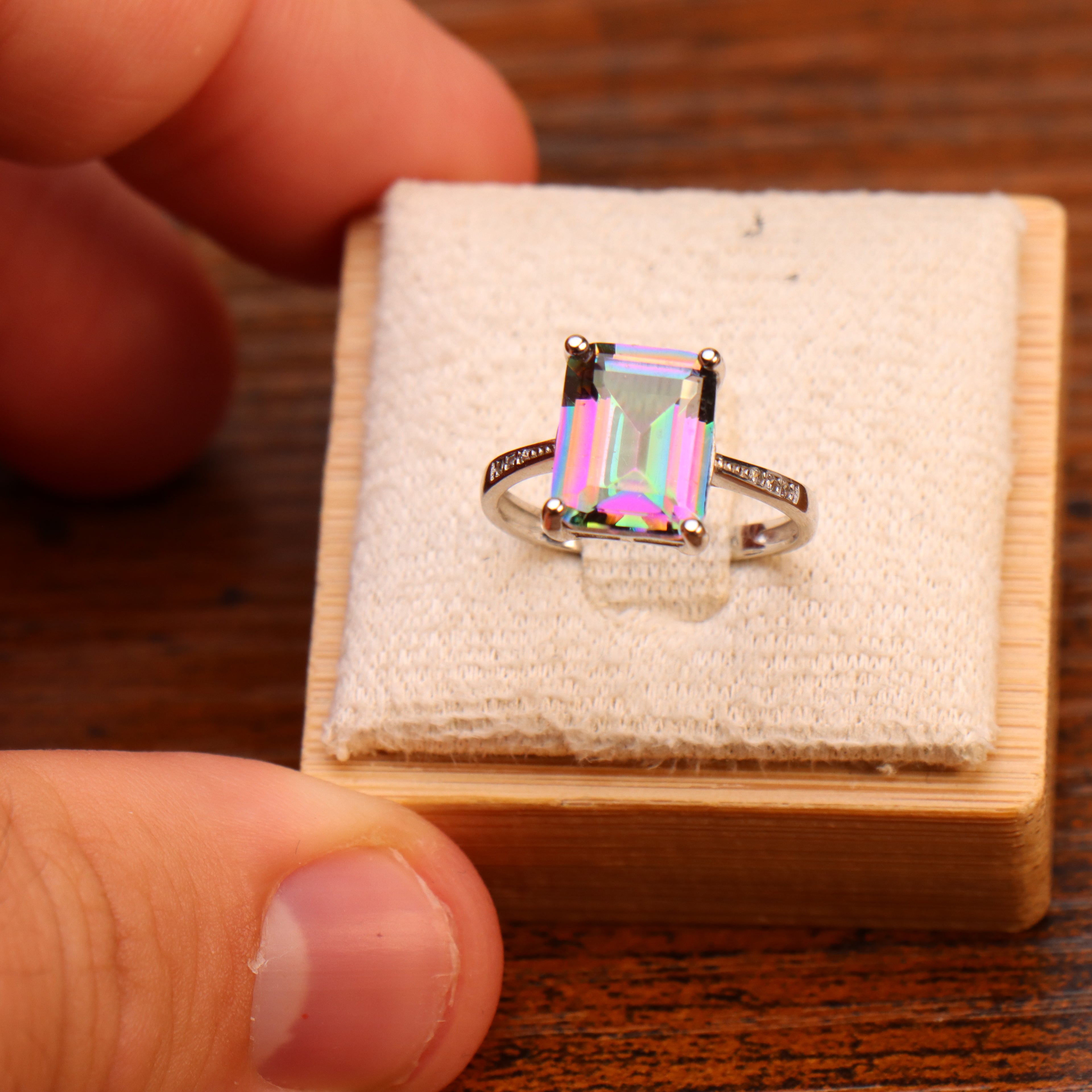 Mystic Topaz Quartz Semi Precious Natural Ring 925 Silver Emerald Cut