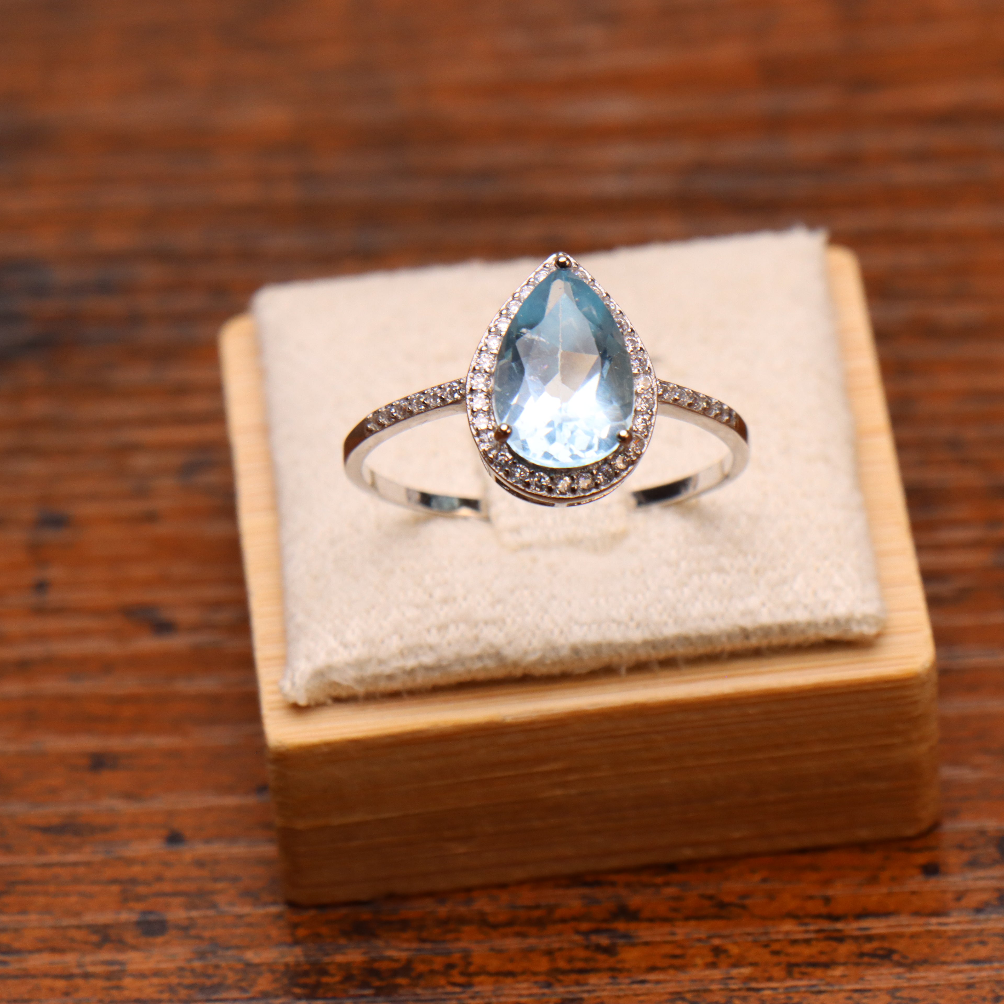Blue Topaz Semi Precious Natural Ring 925 Sterling Silver Pear