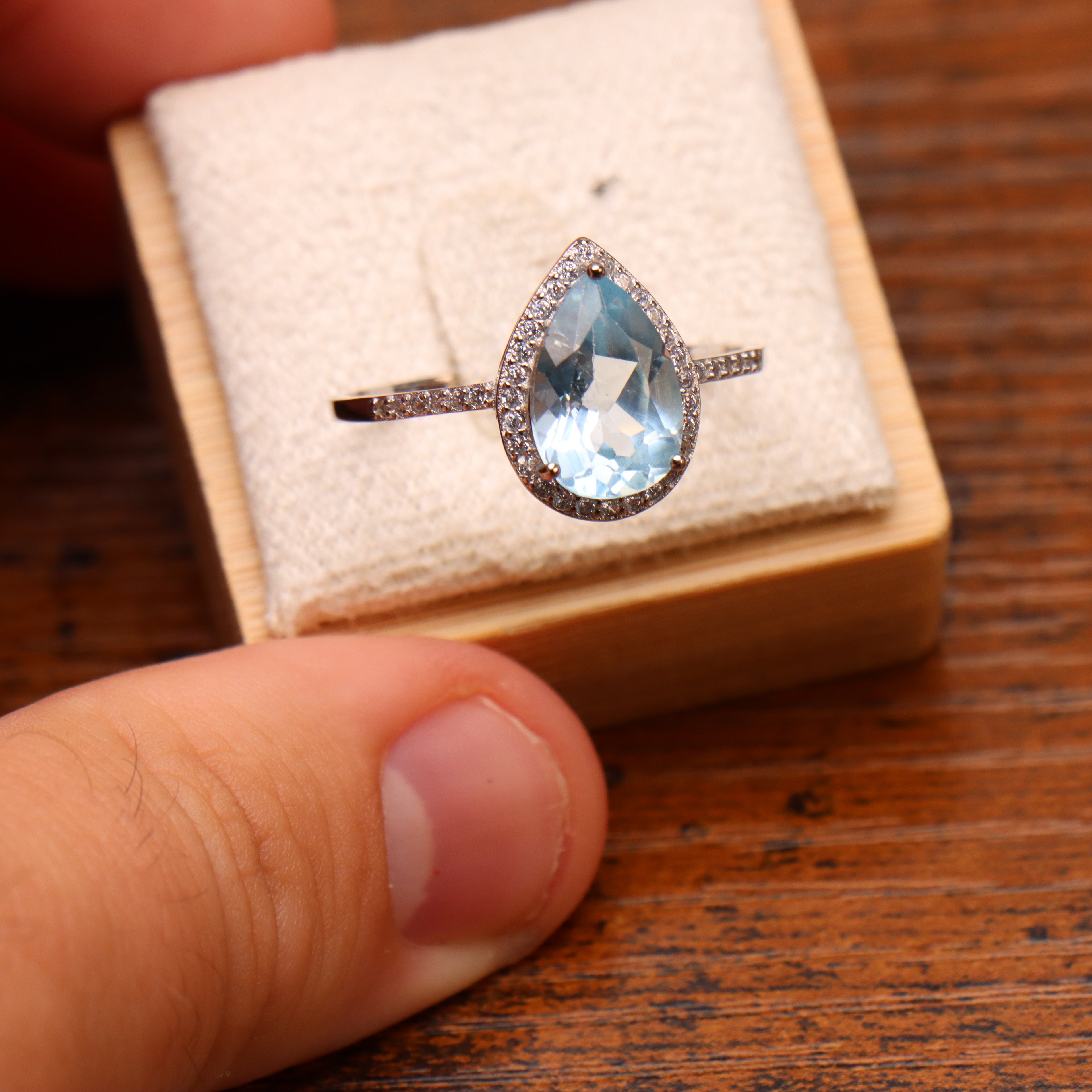 Blue Topaz Semi Precious Natural Ring 925 Sterling Silver Pear