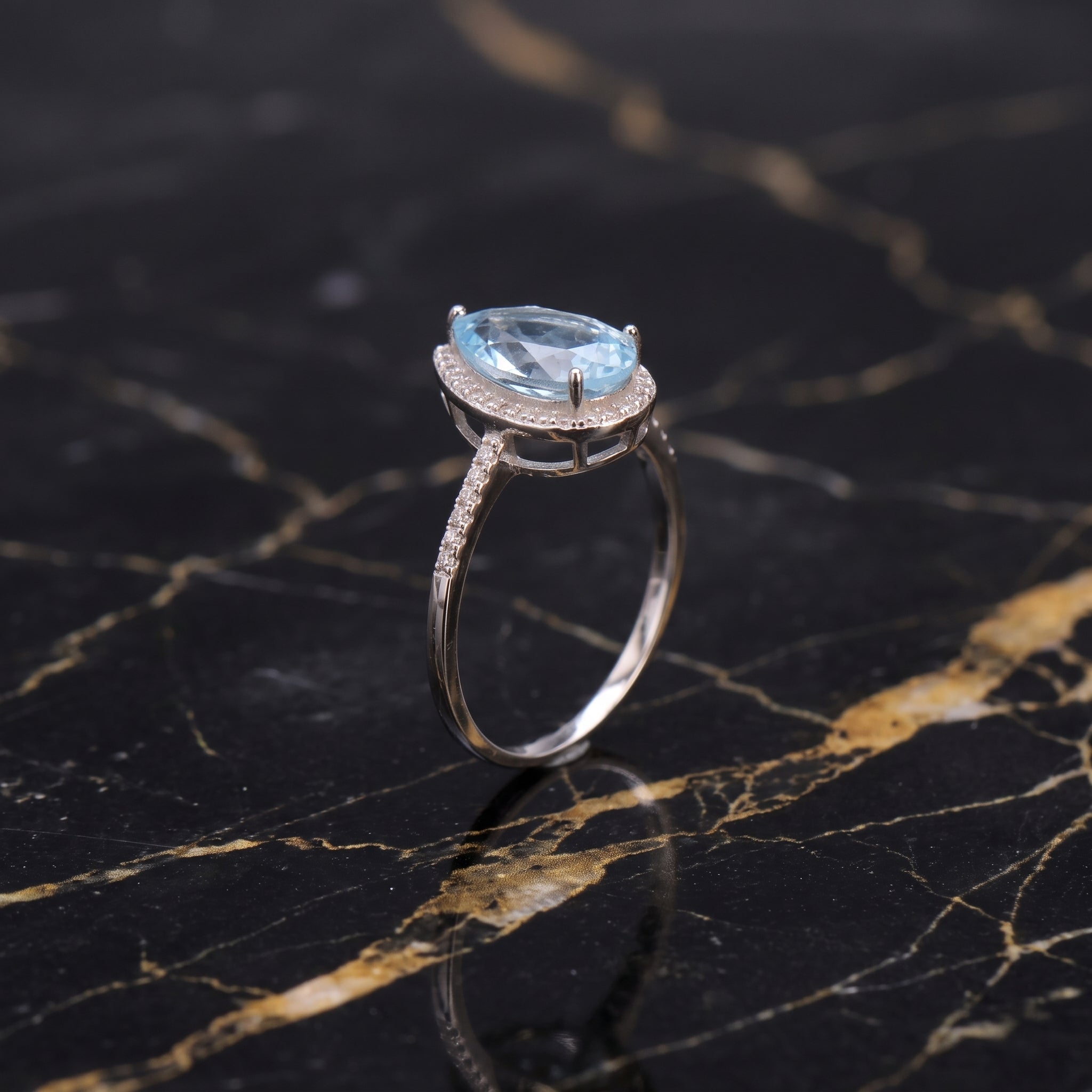 Blue Topaz Semi Precious Natural Ring 925 Sterling Silver Pear