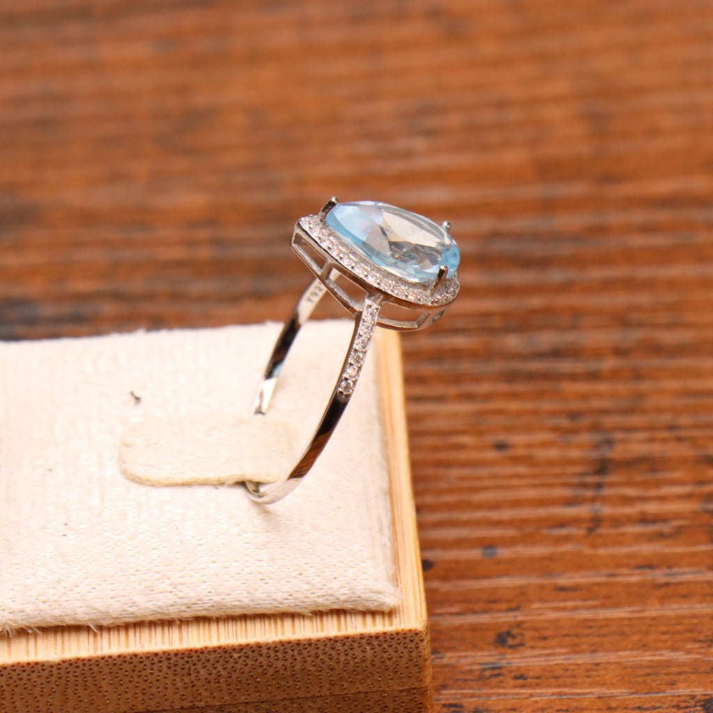 Blue Topaz Semi Precious Natural Ring 925 Sterling Silver Pear